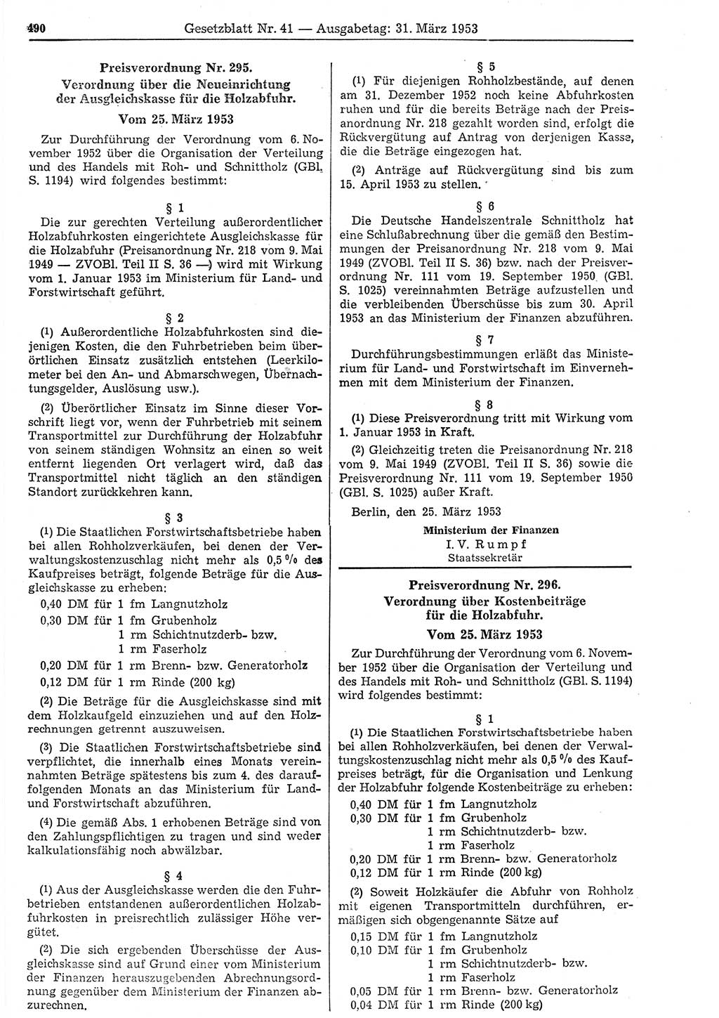 Gesetzblatt (GBl.) der Deutschen Demokratischen Republik (DDR) 1953, Seite 490 (GBl. DDR 1953, S. 490)