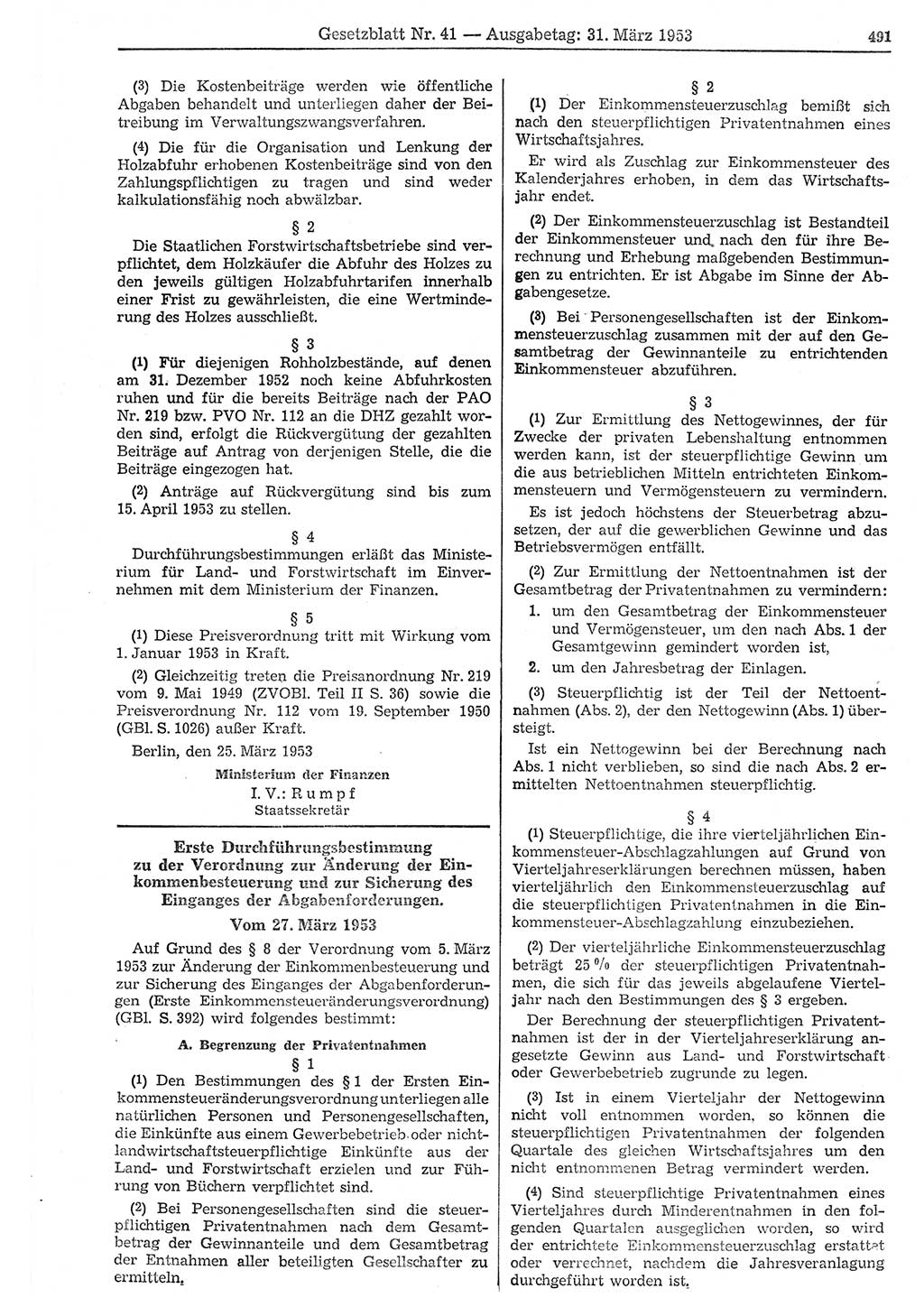 Gesetzblatt (GBl.) der Deutschen Demokratischen Republik (DDR) 1953, Seite 491 (GBl. DDR 1953, S. 491)