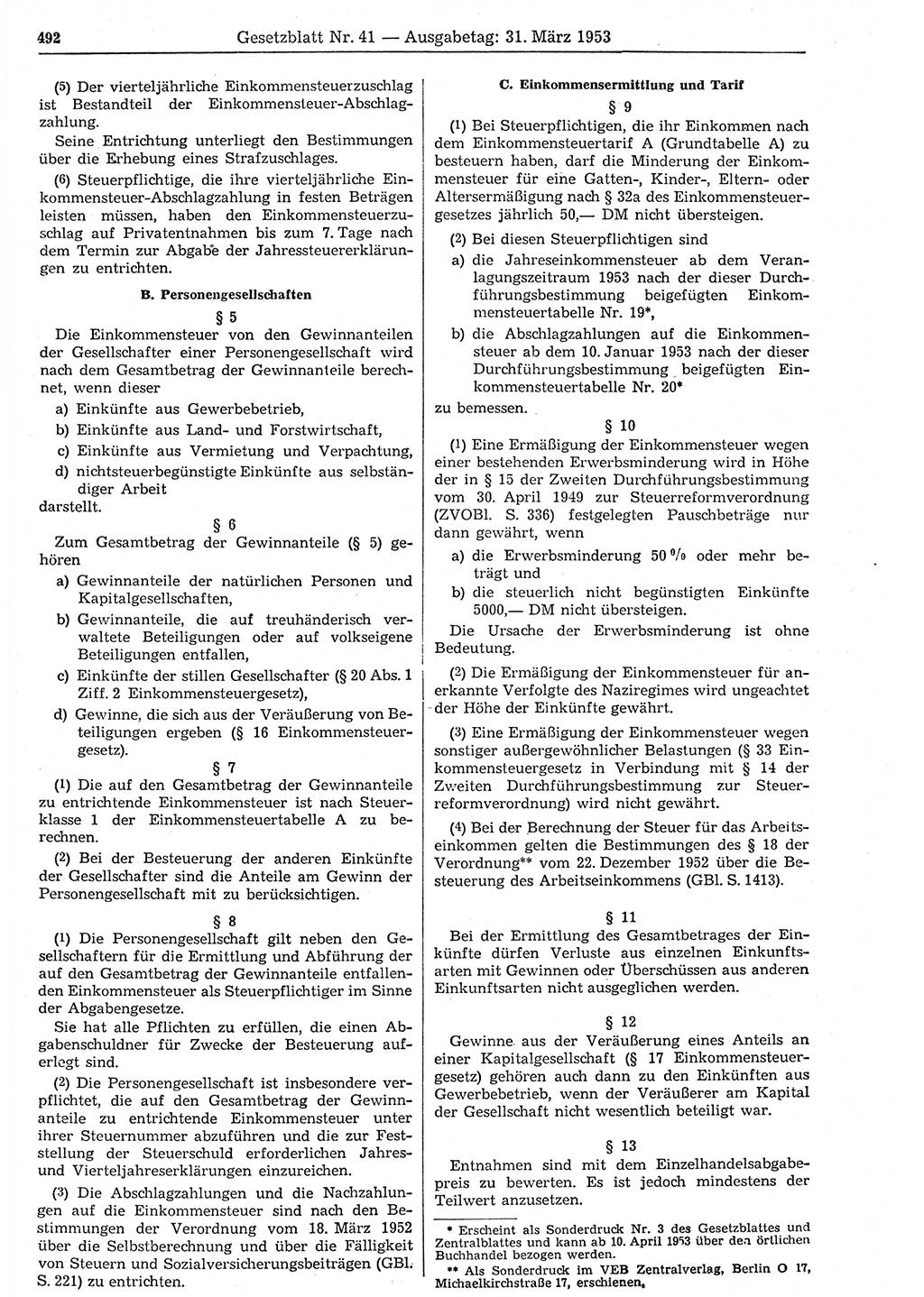 Gesetzblatt (GBl.) der Deutschen Demokratischen Republik (DDR) 1953, Seite 492 (GBl. DDR 1953, S. 492)