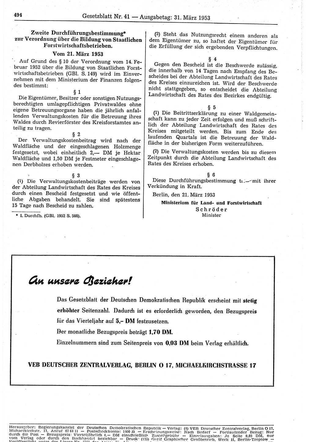Gesetzblatt (GBl.) der Deutschen Demokratischen Republik (DDR) 1953, Seite 494 (GBl. DDR 1953, S. 494)