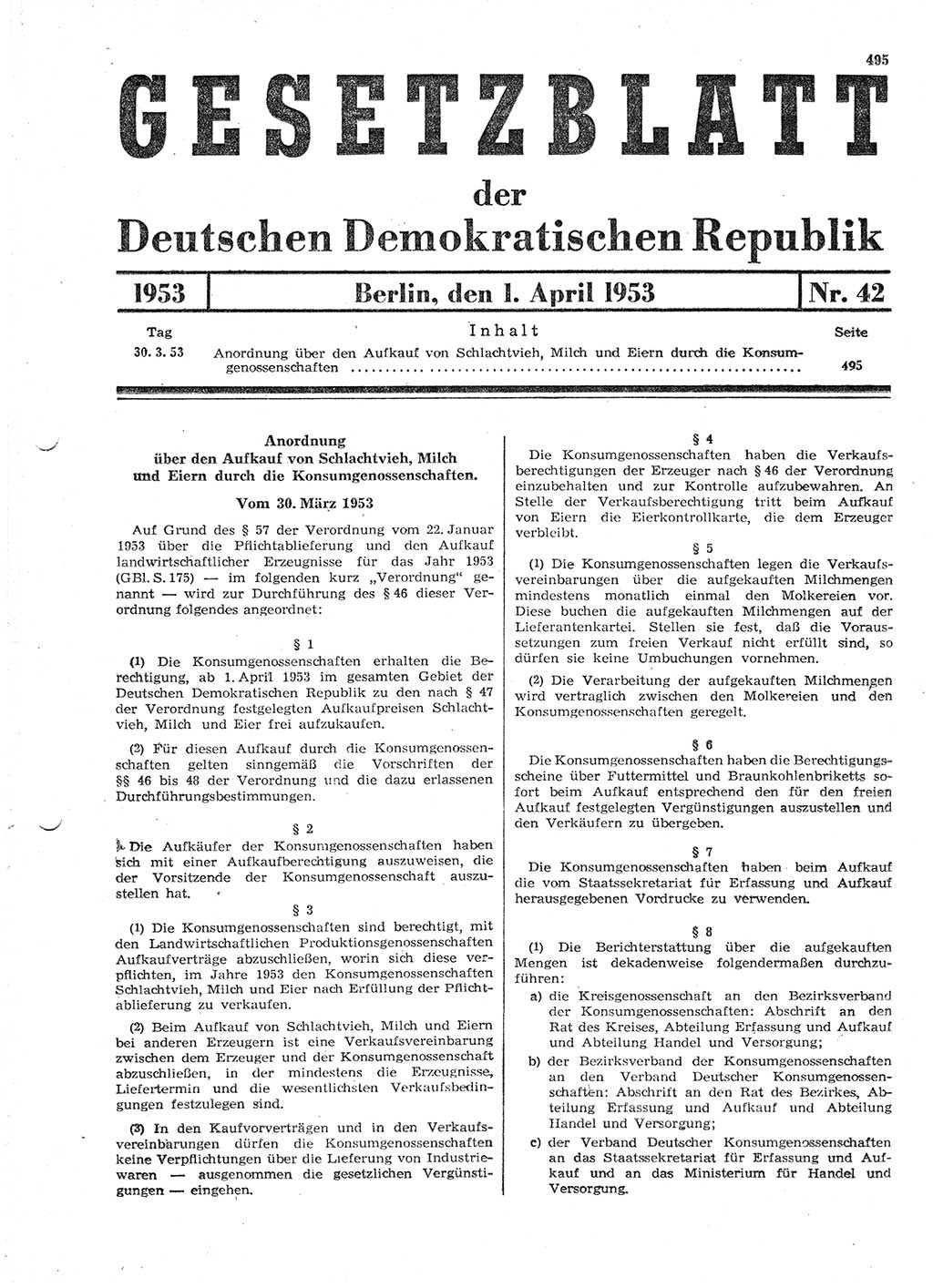 Gesetzblatt (GBl.) der Deutschen Demokratischen Republik (DDR) 1953, Seite 495 (GBl. DDR 1953, S. 495)