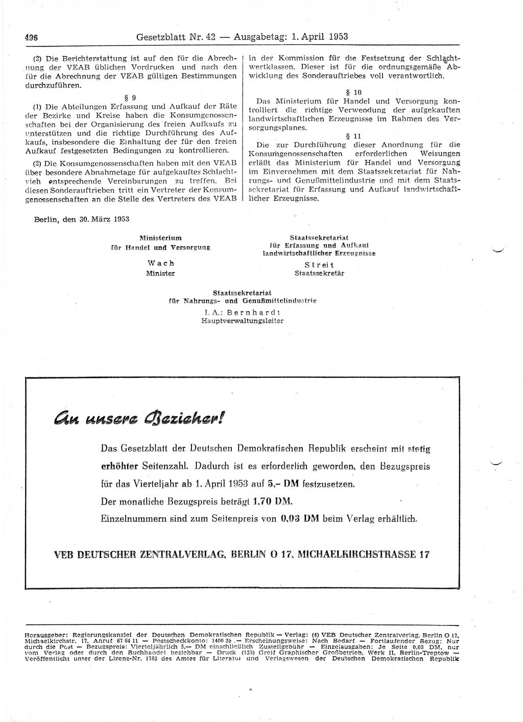 Gesetzblatt (GBl.) der Deutschen Demokratischen Republik (DDR) 1953, Seite 496 (GBl. DDR 1953, S. 496)