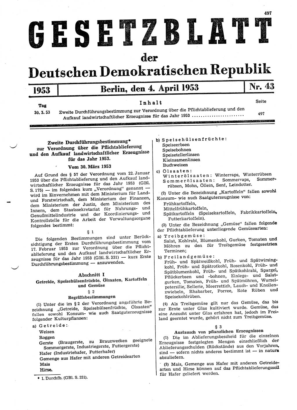 Gesetzblatt (GBl.) der Deutschen Demokratischen Republik (DDR) 1953, Seite 497 (GBl. DDR 1953, S. 497)