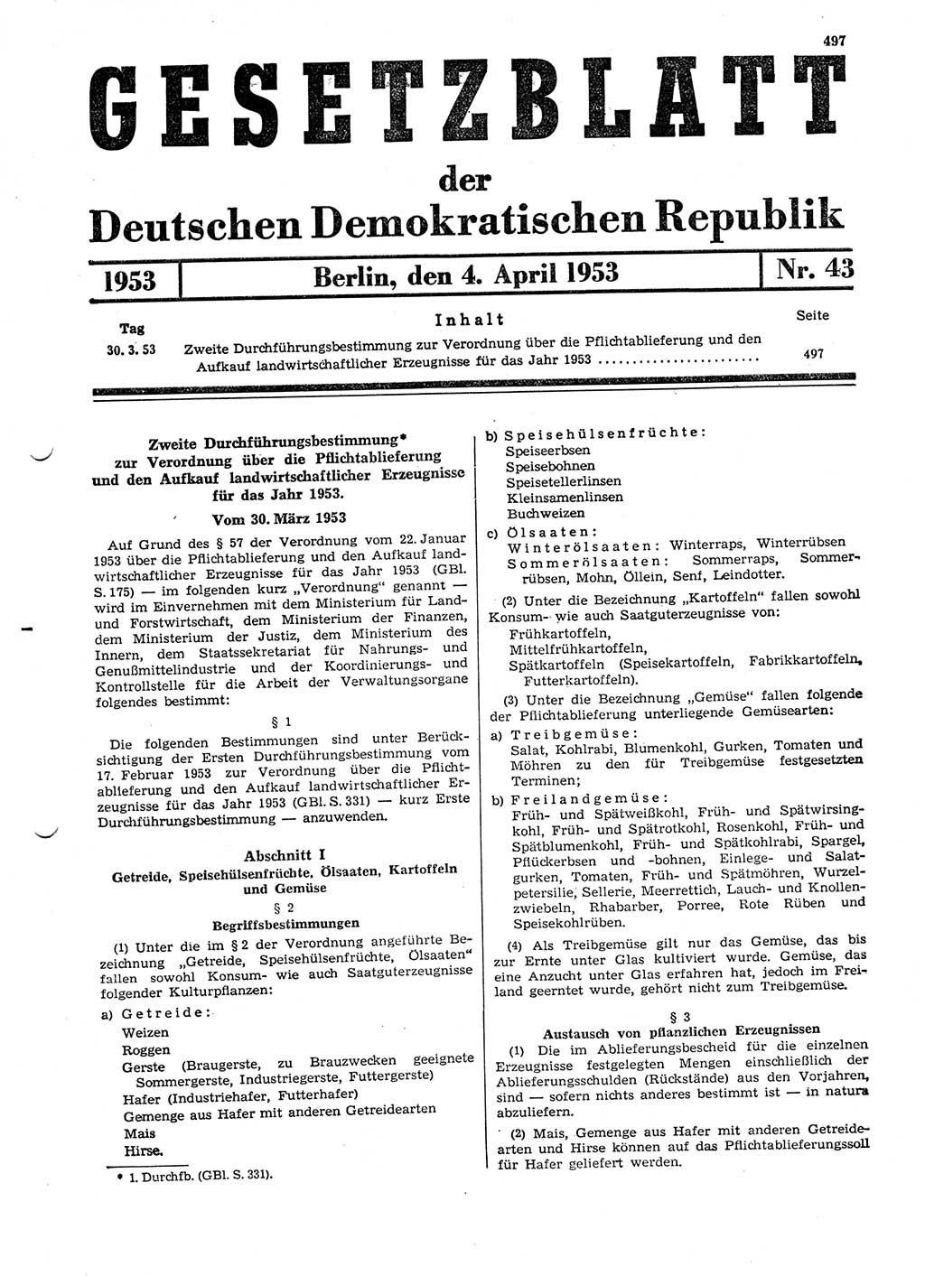 Gesetzblatt (GBl.) der Deutschen Demokratischen Republik (DDR) 1953, Seite 497 (GBl. DDR 1953, S. 497)