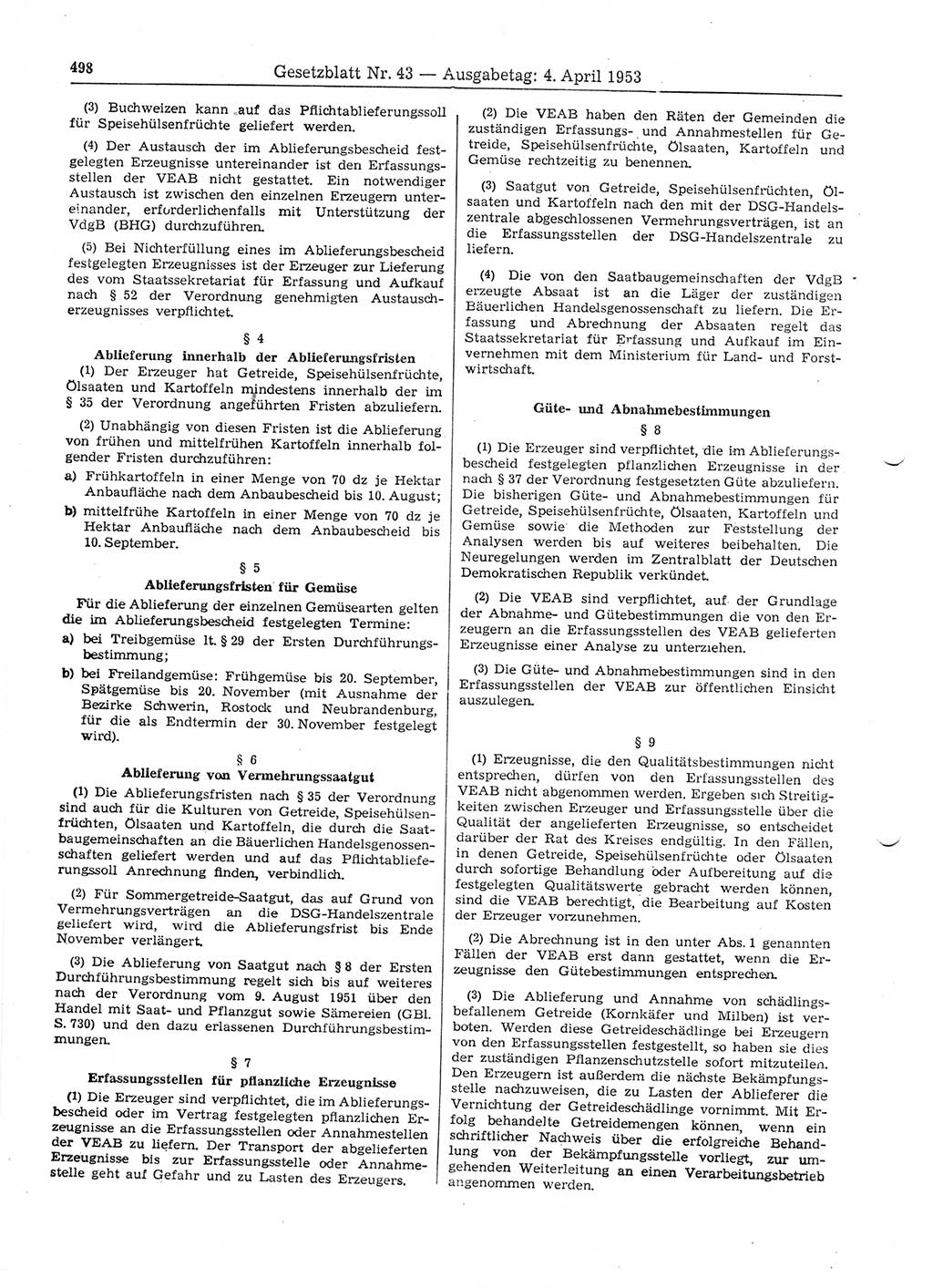Gesetzblatt (GBl.) der Deutschen Demokratischen Republik (DDR) 1953, Seite 498 (GBl. DDR 1953, S. 498)