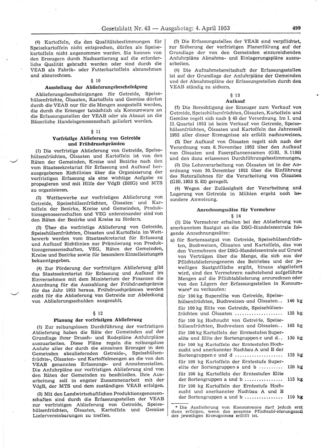 Gesetzblatt (GBl.) der Deutschen Demokratischen Republik (DDR) 1953, Seite 499 (GBl. DDR 1953, S. 499)