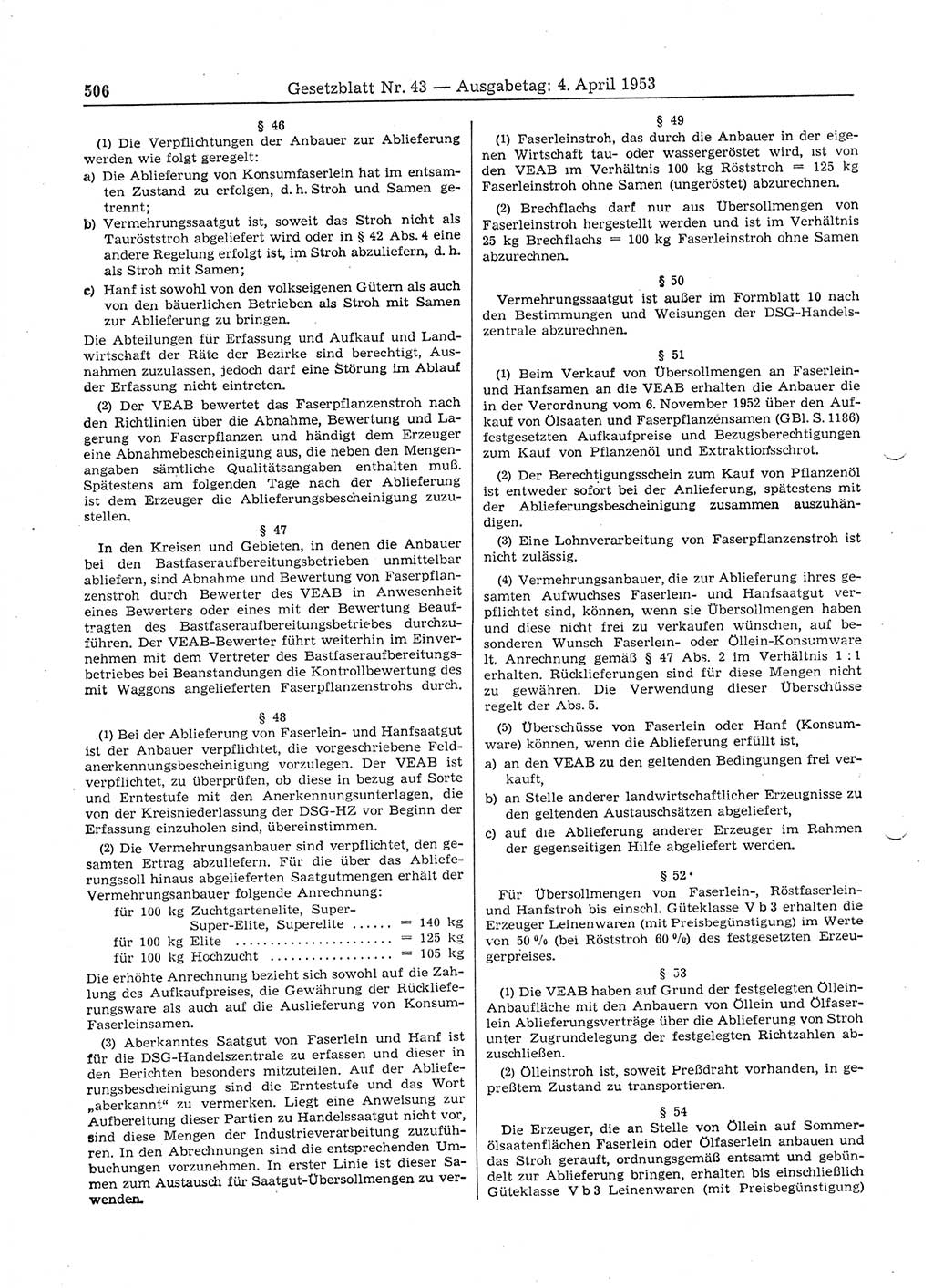 Gesetzblatt (GBl.) der Deutschen Demokratischen Republik (DDR) 1953, Seite 506 (GBl. DDR 1953, S. 506)