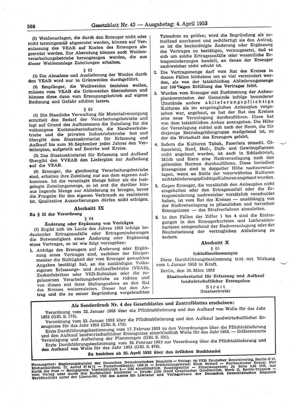 Gesetzblatt (GBl.) der Deutschen Demokratischen Republik (DDR) 1953, Seite 508 (GBl. DDR 1953, S. 508)