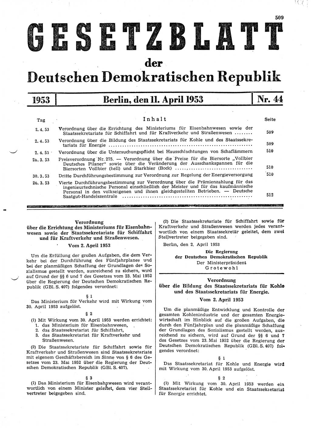Gesetzblatt (GBl.) der Deutschen Demokratischen Republik (DDR) 1953, Seite 509 (GBl. DDR 1953, S. 509)