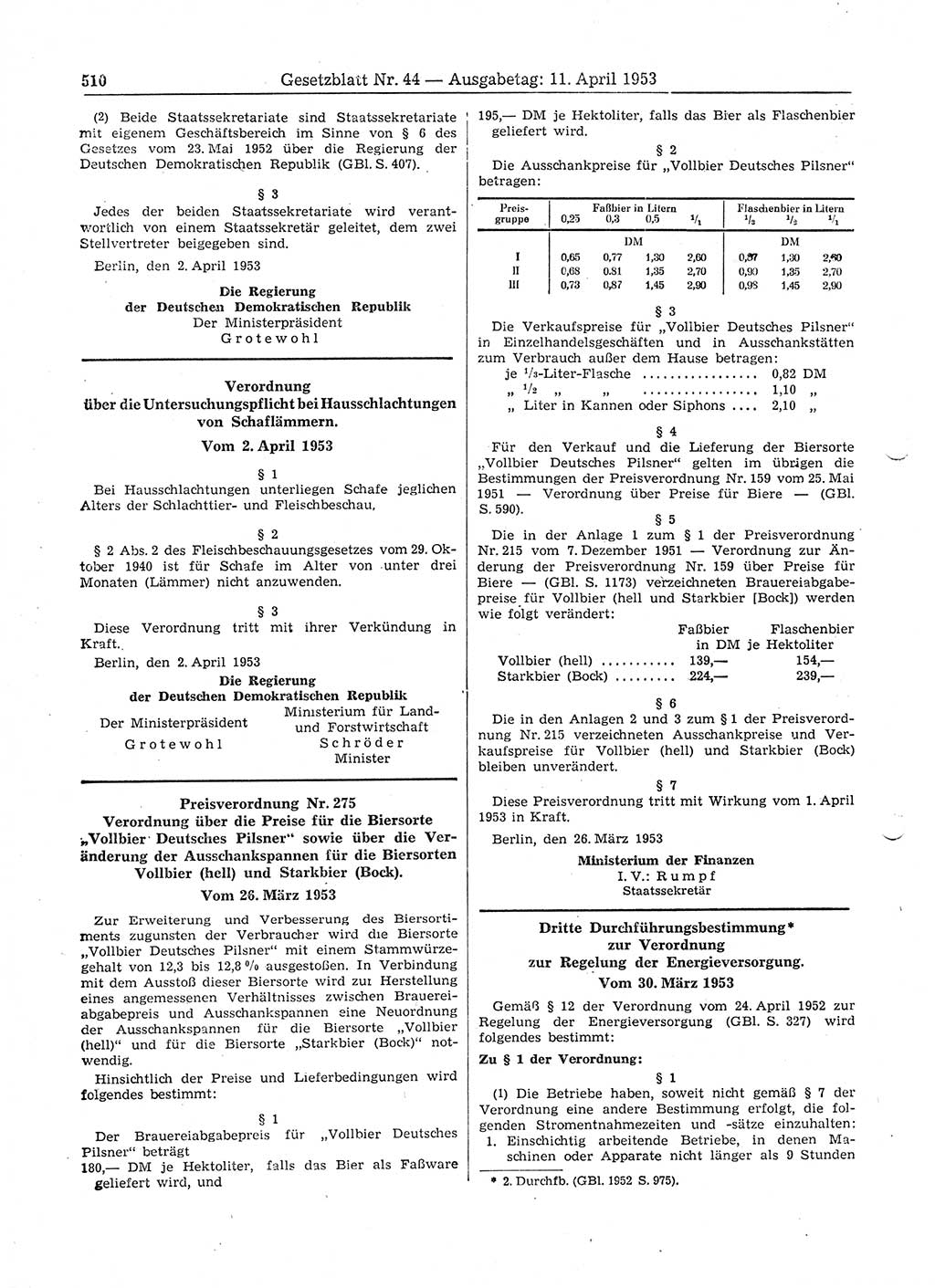 Gesetzblatt (GBl.) der Deutschen Demokratischen Republik (DDR) 1953, Seite 510 (GBl. DDR 1953, S. 510)