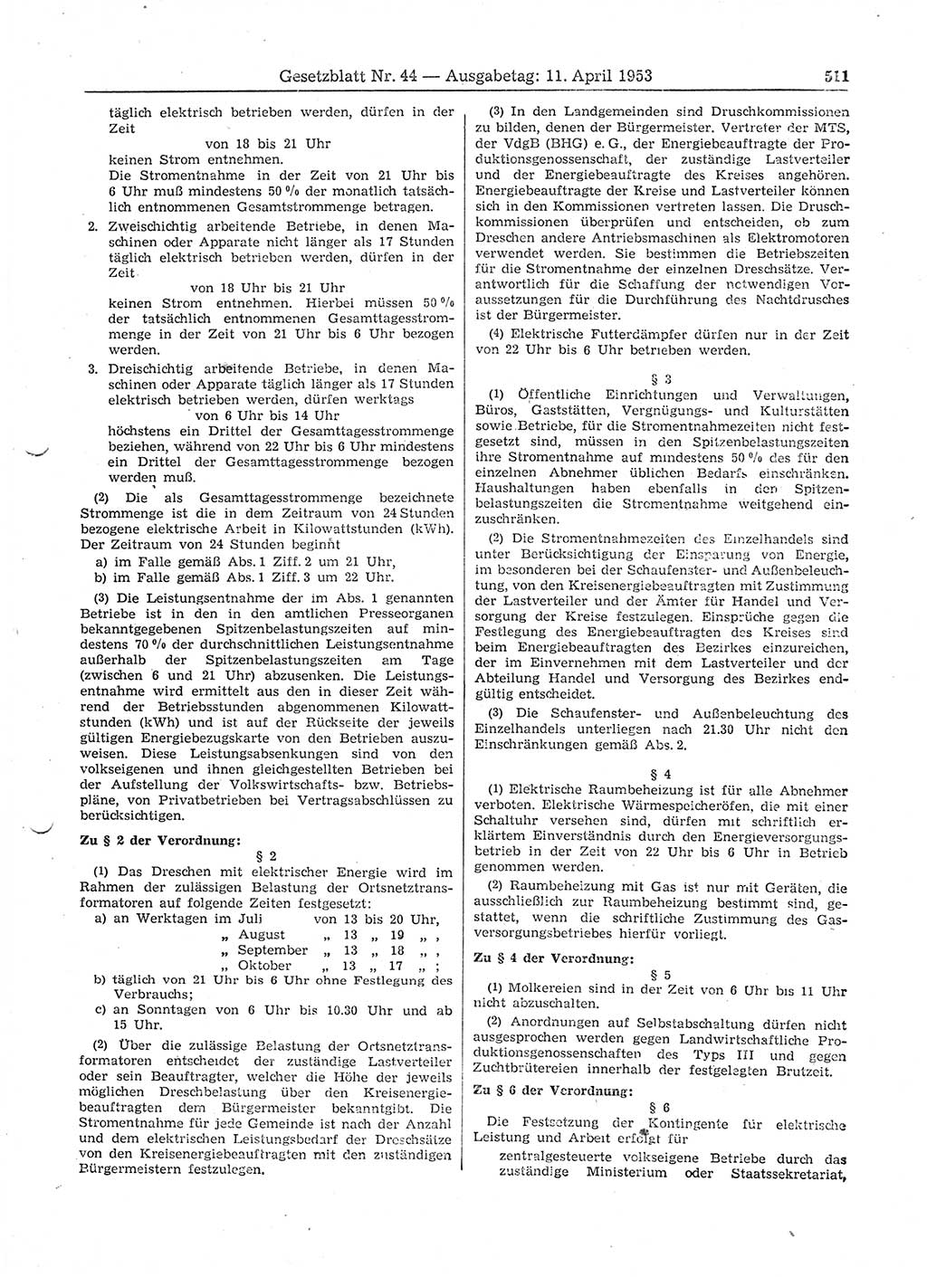 Gesetzblatt (GBl.) der Deutschen Demokratischen Republik (DDR) 1953, Seite 511 (GBl. DDR 1953, S. 511)