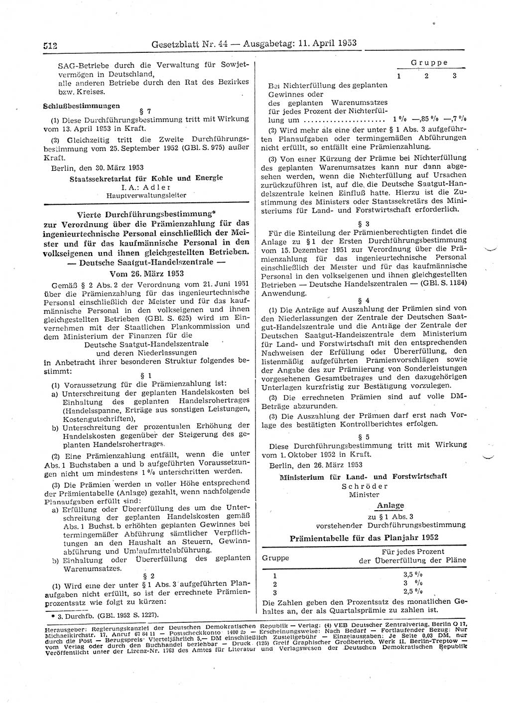 Gesetzblatt (GBl.) der Deutschen Demokratischen Republik (DDR) 1953, Seite 512 (GBl. DDR 1953, S. 512)