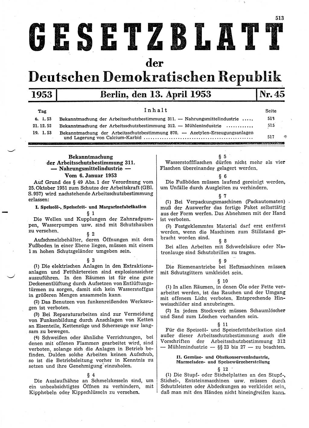Gesetzblatt (GBl.) der Deutschen Demokratischen Republik (DDR) 1953, Seite 513 (GBl. DDR 1953, S. 513)
