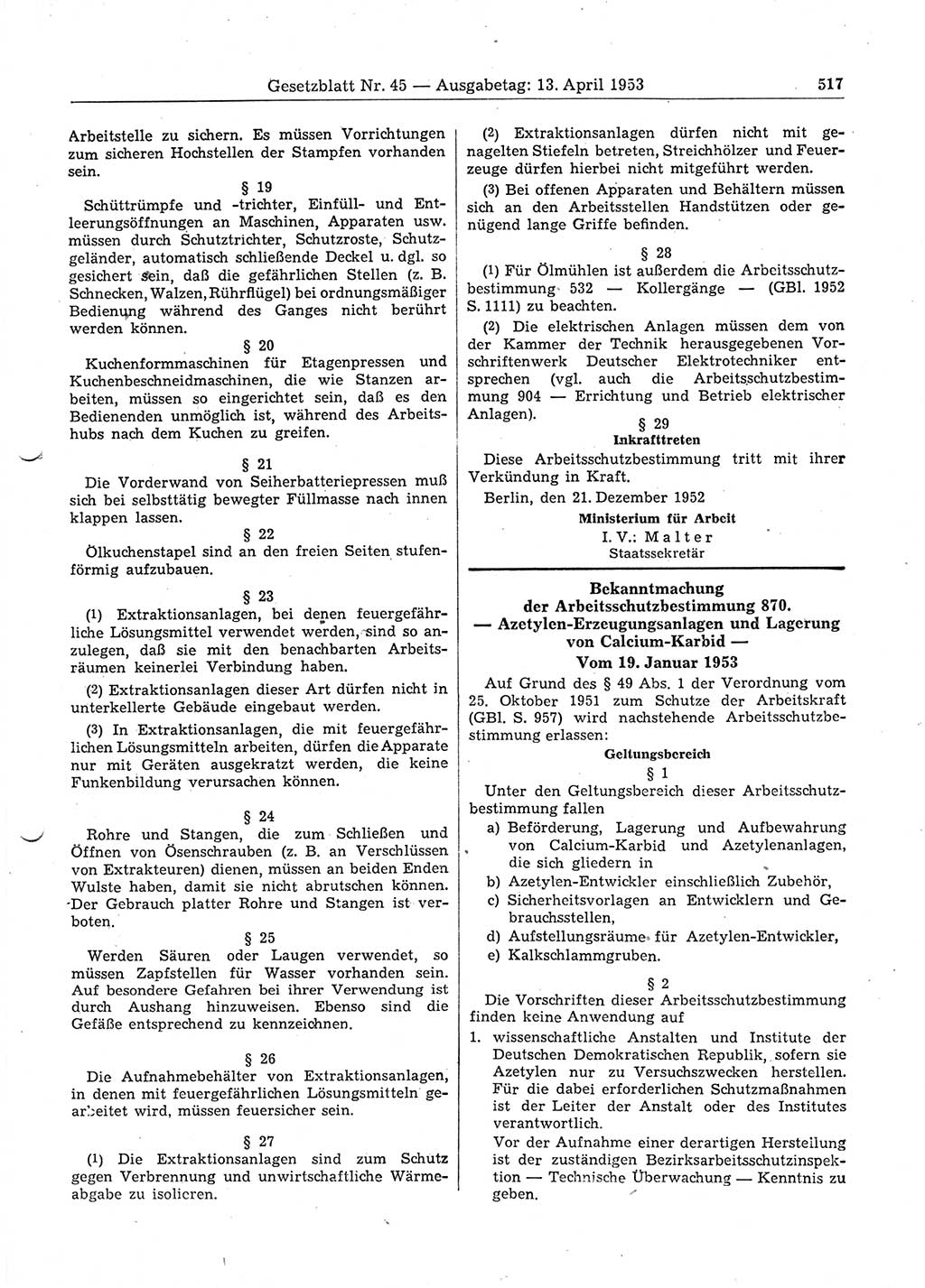 Gesetzblatt (GBl.) der Deutschen Demokratischen Republik (DDR) 1953, Seite 517 (GBl. DDR 1953, S. 517)