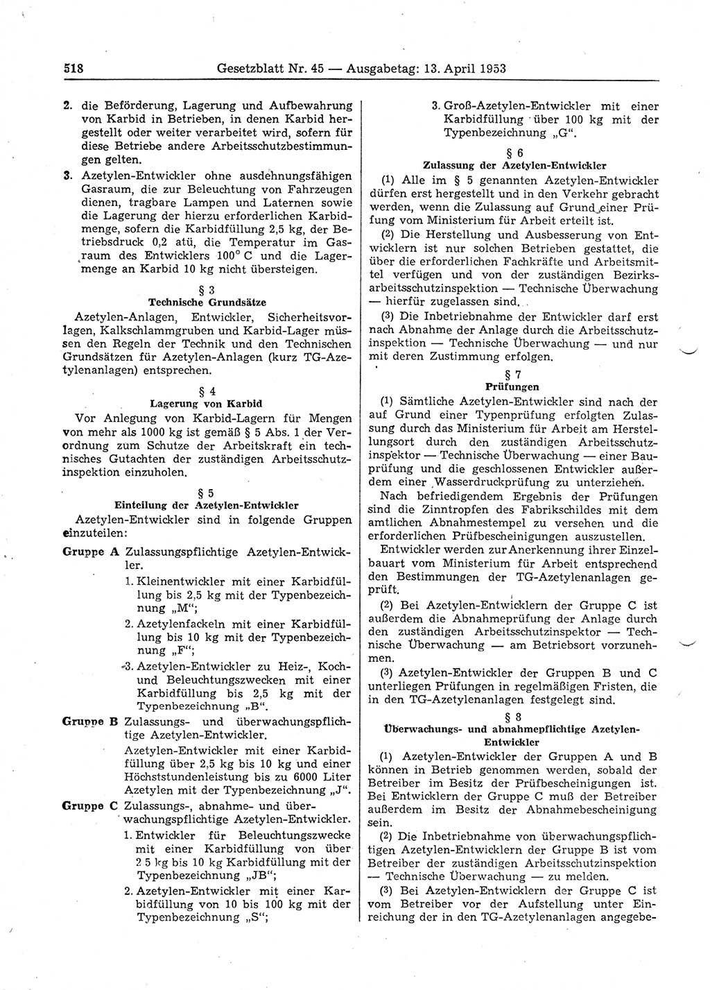 Gesetzblatt (GBl.) der Deutschen Demokratischen Republik (DDR) 1953, Seite 518 (GBl. DDR 1953, S. 518)