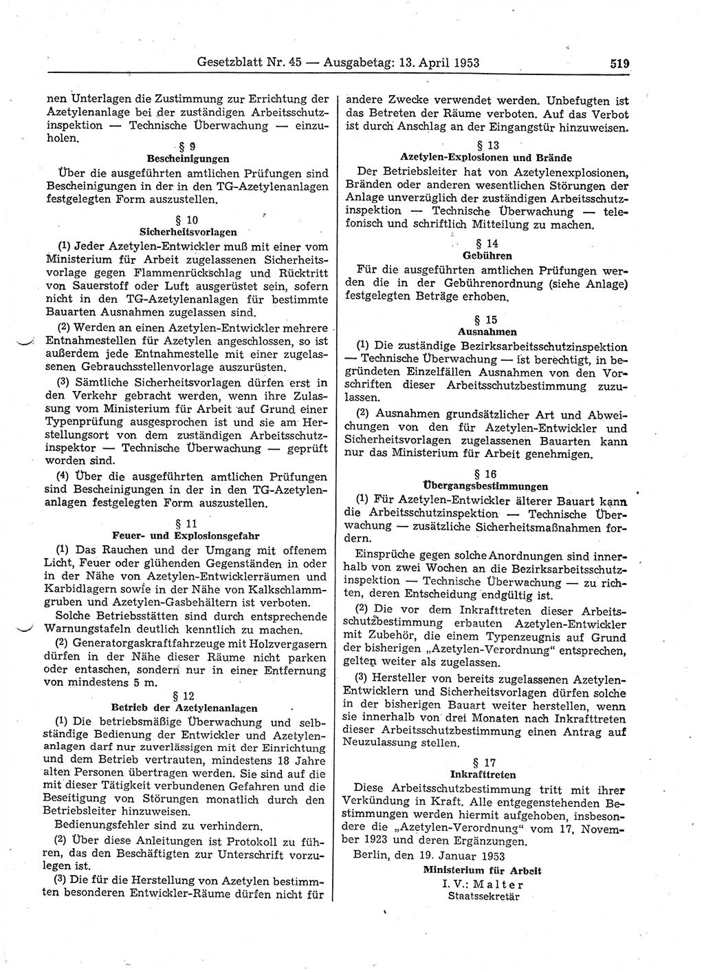 Gesetzblatt (GBl.) der Deutschen Demokratischen Republik (DDR) 1953, Seite 519 (GBl. DDR 1953, S. 519)