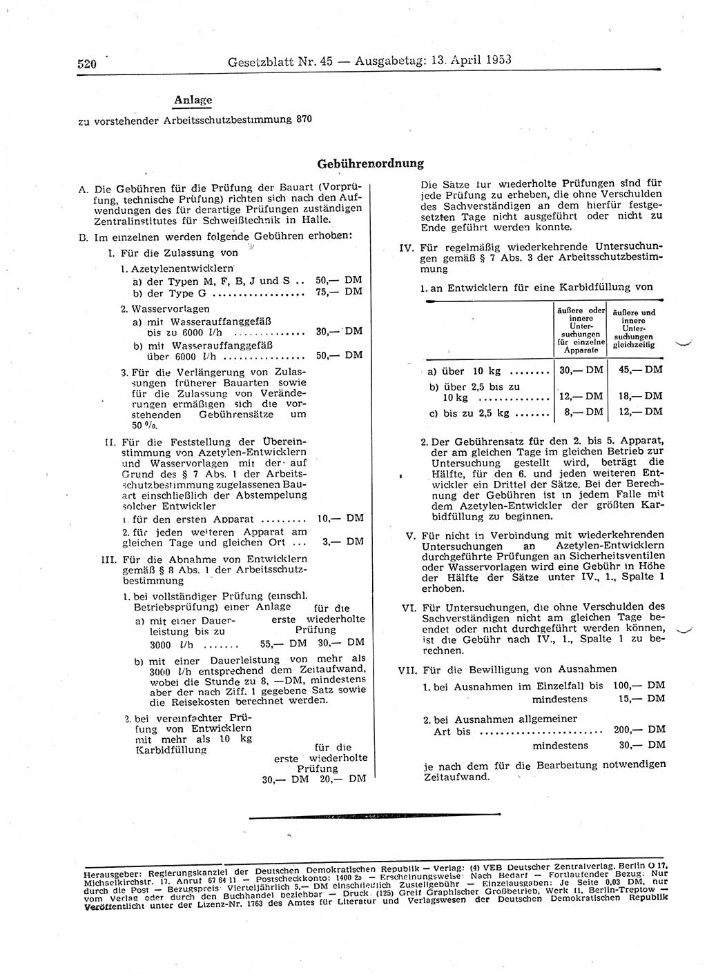 Gesetzblatt (GBl.) der Deutschen Demokratischen Republik (DDR) 1953, Seite 520 (GBl. DDR 1953, S. 520)