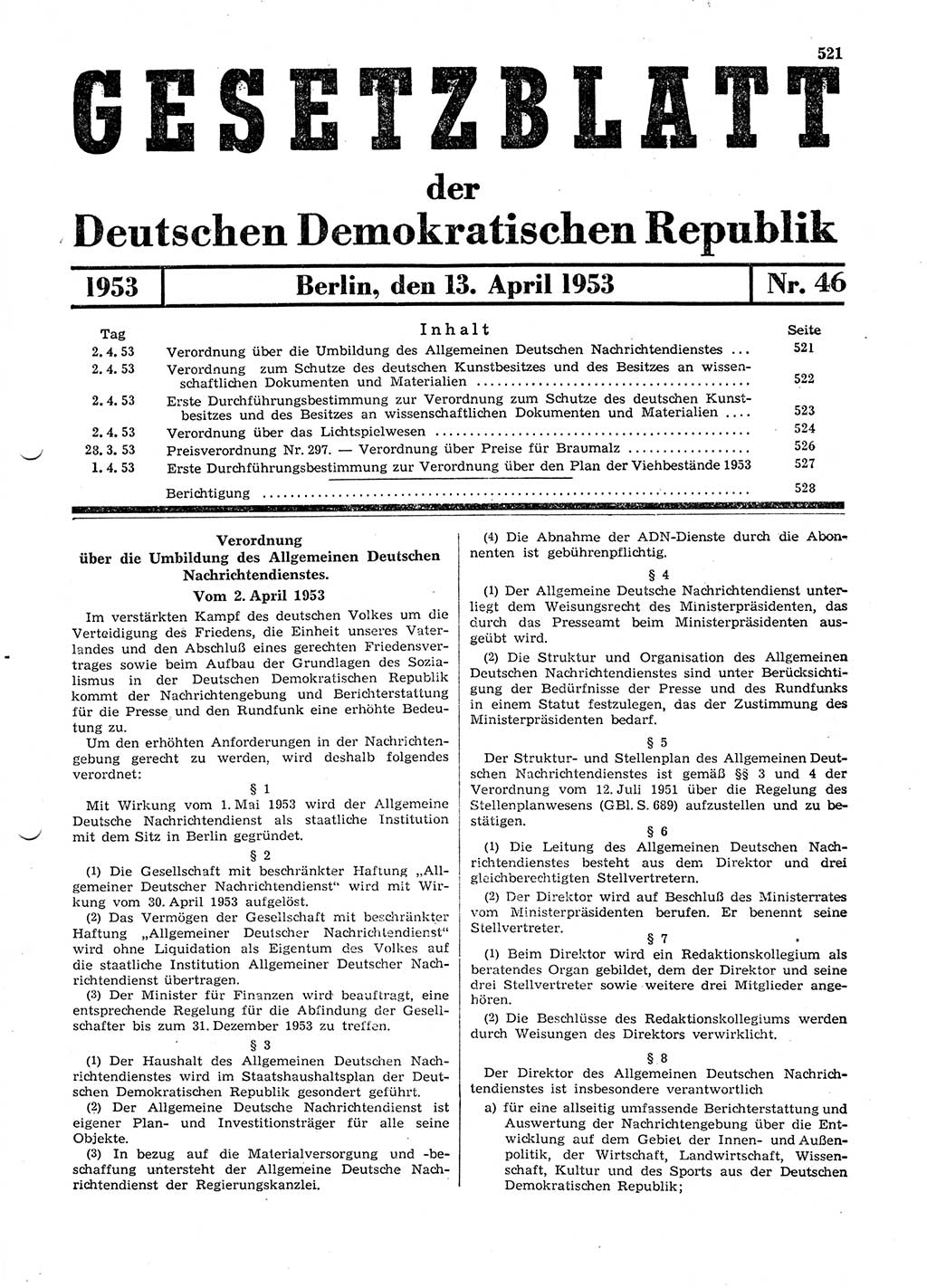 Gesetzblatt (GBl.) der Deutschen Demokratischen Republik (DDR) 1953, Seite 521 (GBl. DDR 1953, S. 521)