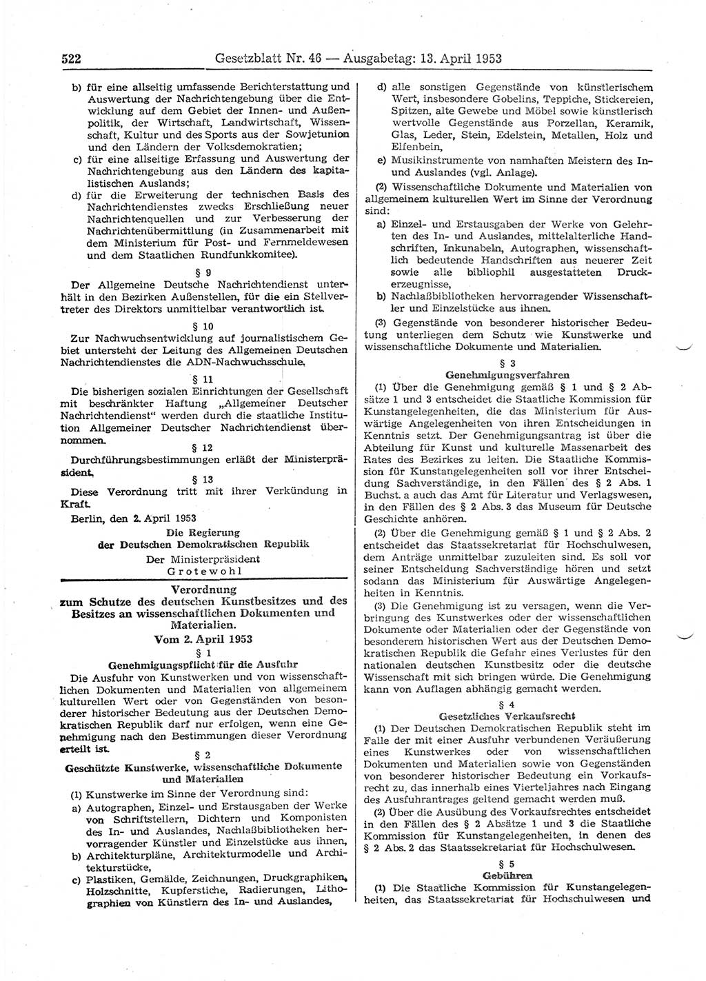 Gesetzblatt (GBl.) der Deutschen Demokratischen Republik (DDR) 1953, Seite 522 (GBl. DDR 1953, S. 522)