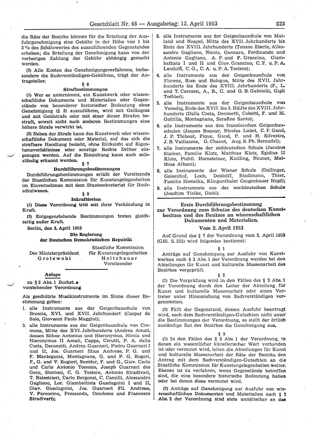 Gesetzblatt (GBl.) der Deutschen Demokratischen Republik (DDR) 1953, Seite 523 (GBl. DDR 1953, S. 523)