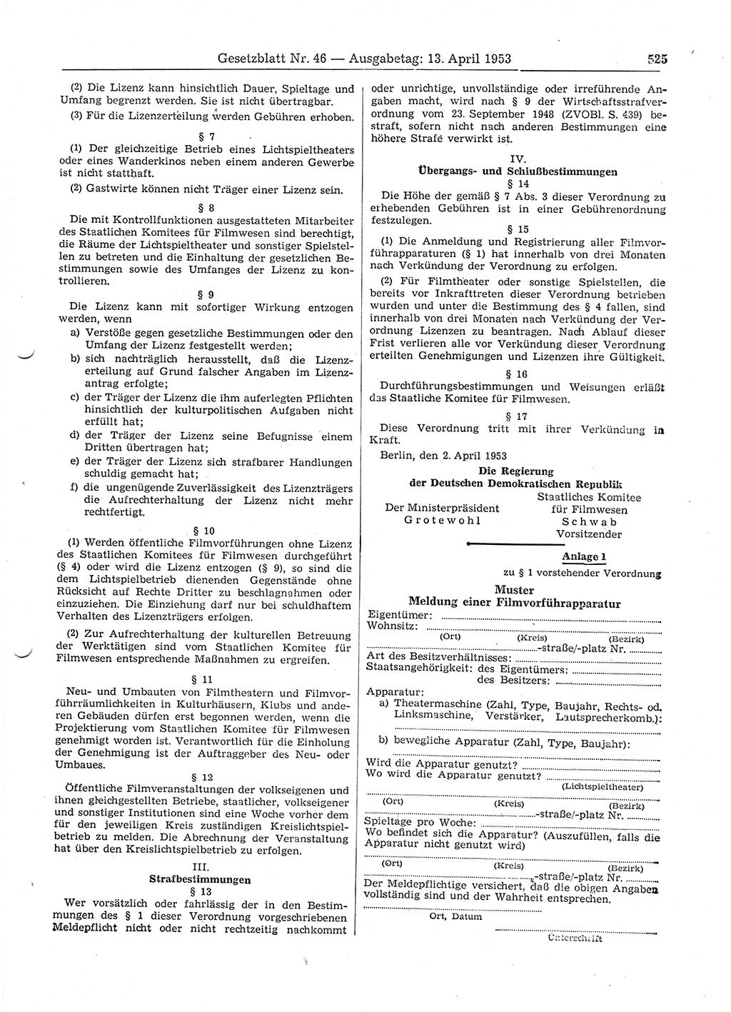 Gesetzblatt (GBl.) der Deutschen Demokratischen Republik (DDR) 1953, Seite 525 (GBl. DDR 1953, S. 525)