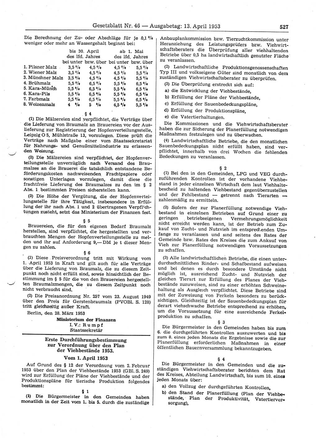 Gesetzblatt (GBl.) der Deutschen Demokratischen Republik (DDR) 1953, Seite 527 (GBl. DDR 1953, S. 527)