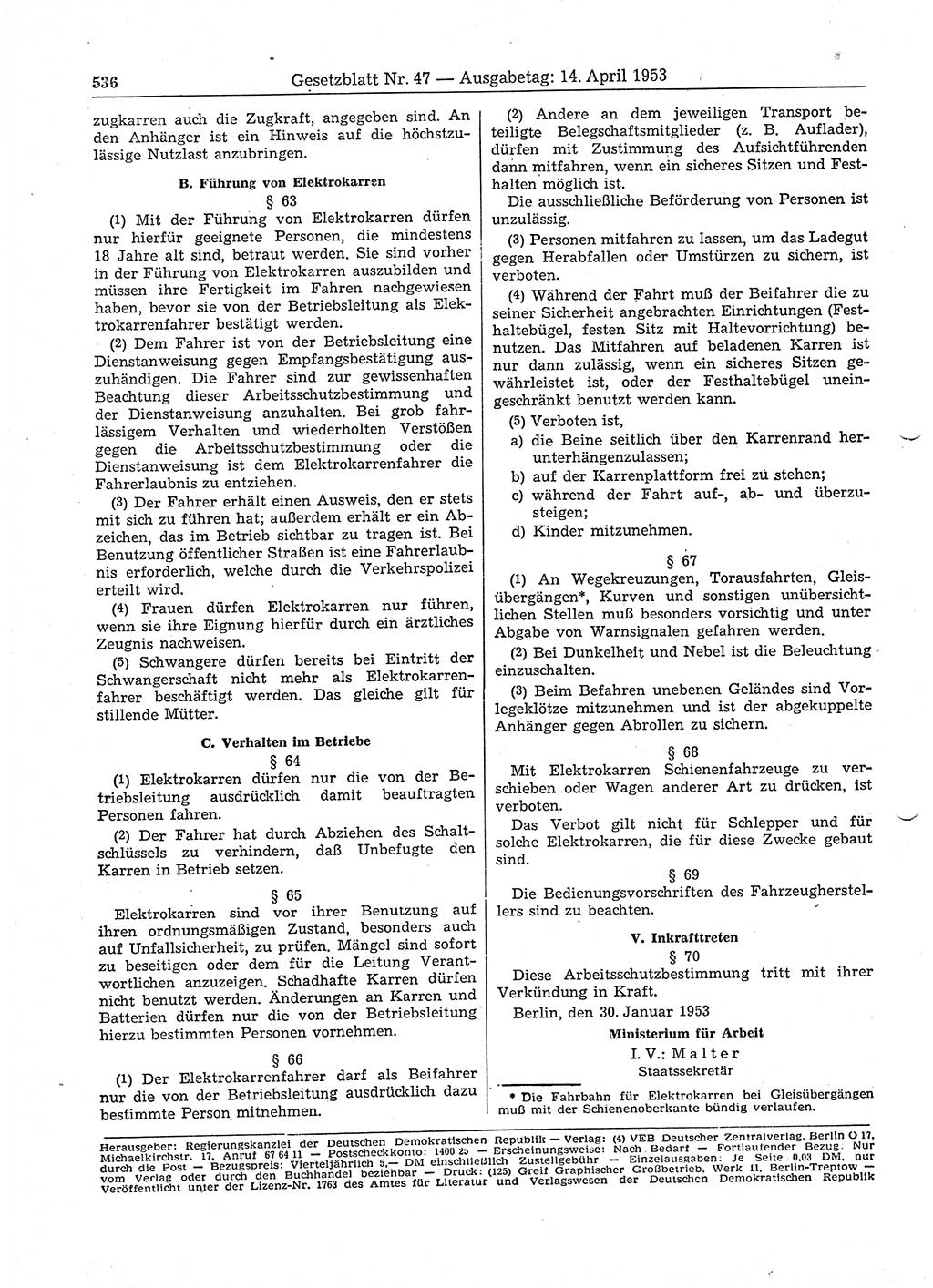 Gesetzblatt (GBl.) der Deutschen Demokratischen Republik (DDR) 1953, Seite 536 (GBl. DDR 1953, S. 536)