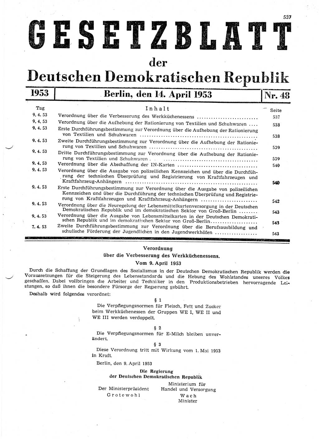 Gesetzblatt (GBl.) der Deutschen Demokratischen Republik (DDR) 1953, Seite 537 (GBl. DDR 1953, S. 537)