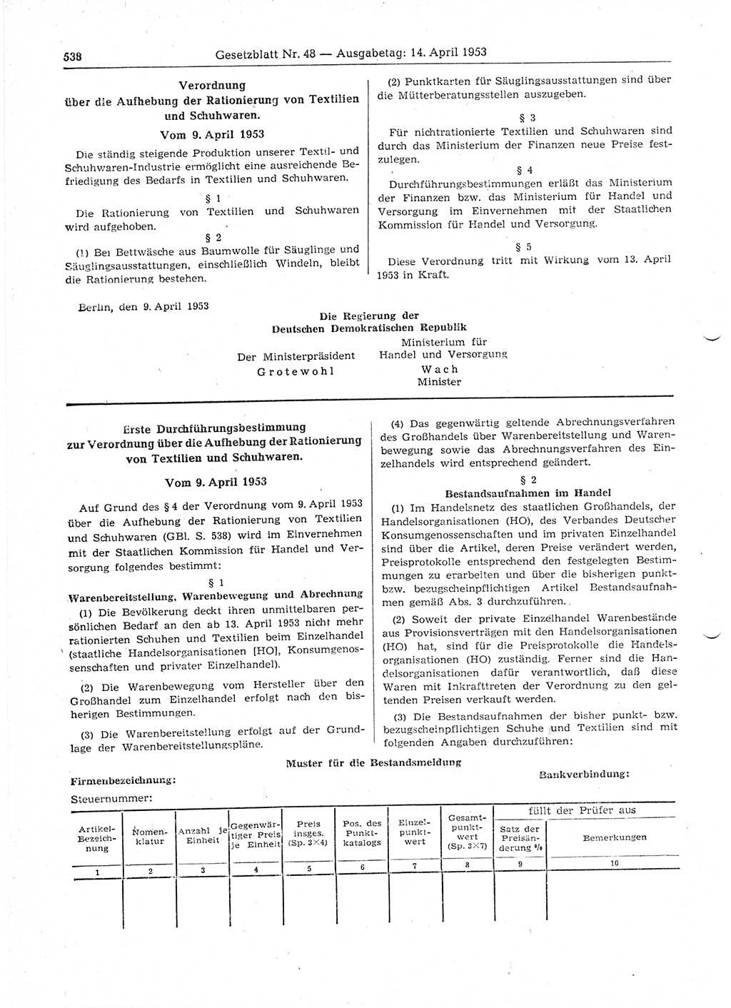Gesetzblatt (GBl.) der Deutschen Demokratischen Republik (DDR) 1953, Seite 538 (GBl. DDR 1953, S. 538)
