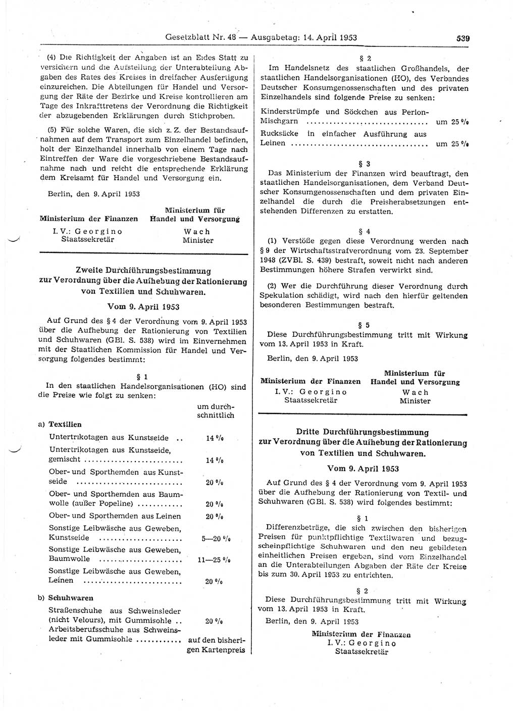Gesetzblatt (GBl.) der Deutschen Demokratischen Republik (DDR) 1953, Seite 539 (GBl. DDR 1953, S. 539)