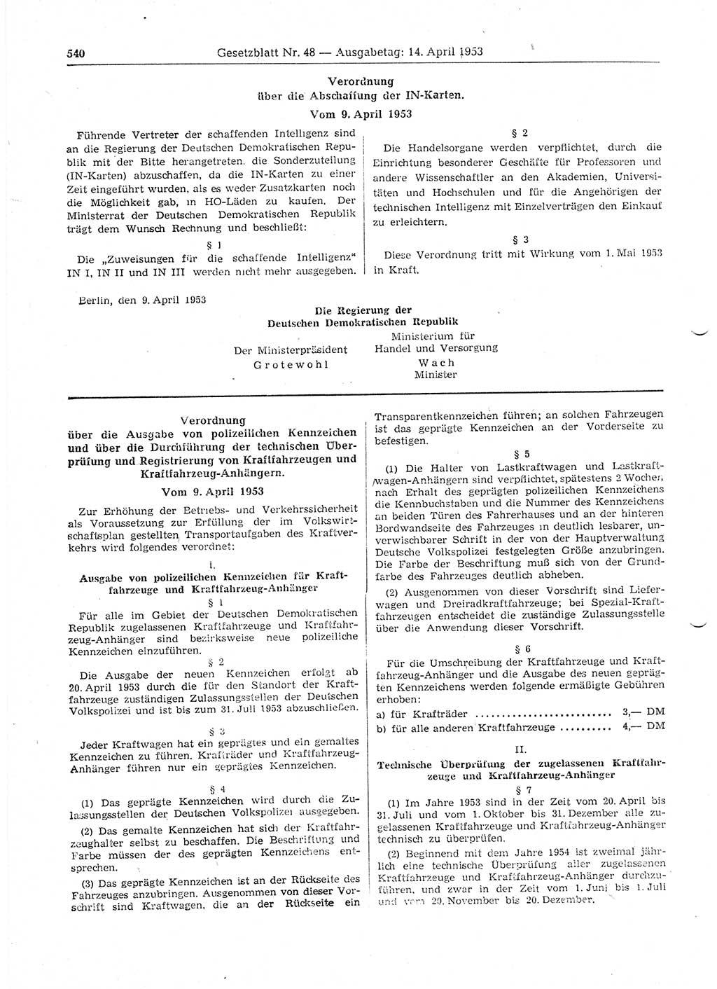 Gesetzblatt (GBl.) der Deutschen Demokratischen Republik (DDR) 1953, Seite 540 (GBl. DDR 1953, S. 540)