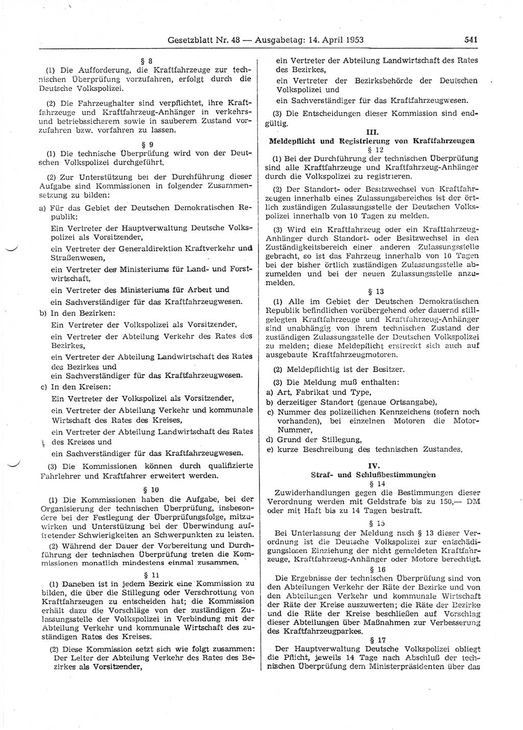 Gesetzblatt (GBl.) der Deutschen Demokratischen Republik (DDR) 1953, Seite 541 (GBl. DDR 1953, S. 541)