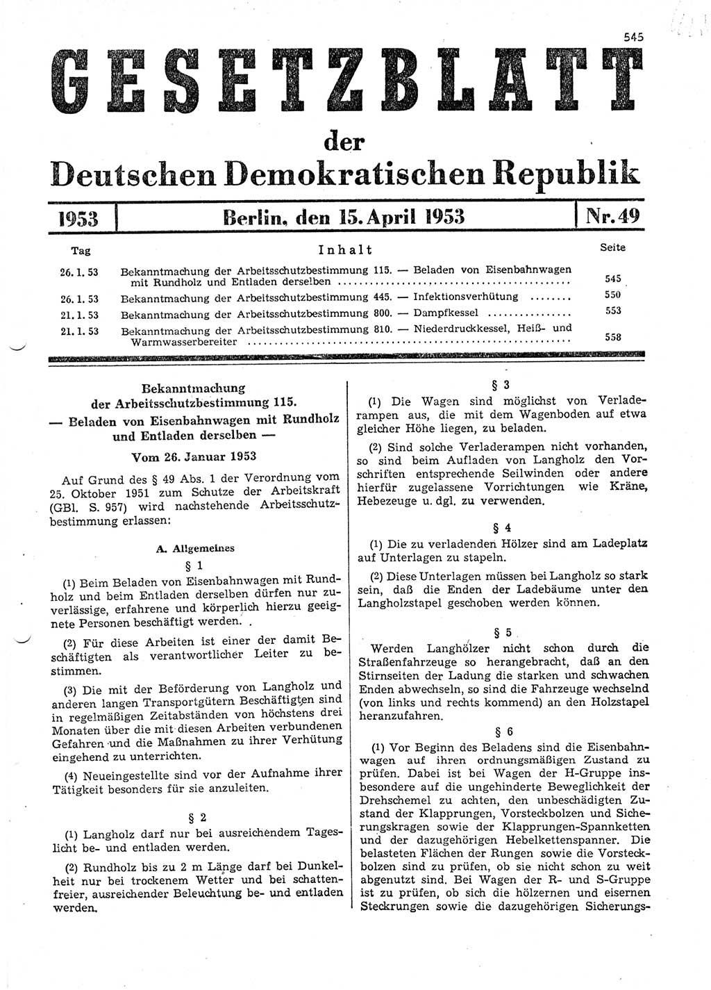 Gesetzblatt (GBl.) der Deutschen Demokratischen Republik (DDR) 1953, Seite 545 (GBl. DDR 1953, S. 545)