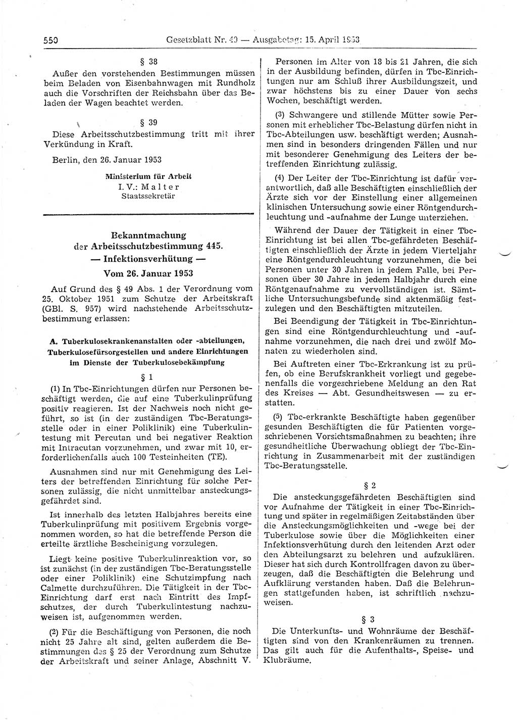 Gesetzblatt (GBl.) der Deutschen Demokratischen Republik (DDR) 1953, Seite 550 (GBl. DDR 1953, S. 550)