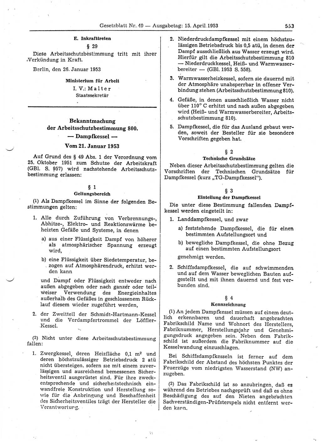 Gesetzblatt (GBl.) der Deutschen Demokratischen Republik (DDR) 1953, Seite 553 (GBl. DDR 1953, S. 553)