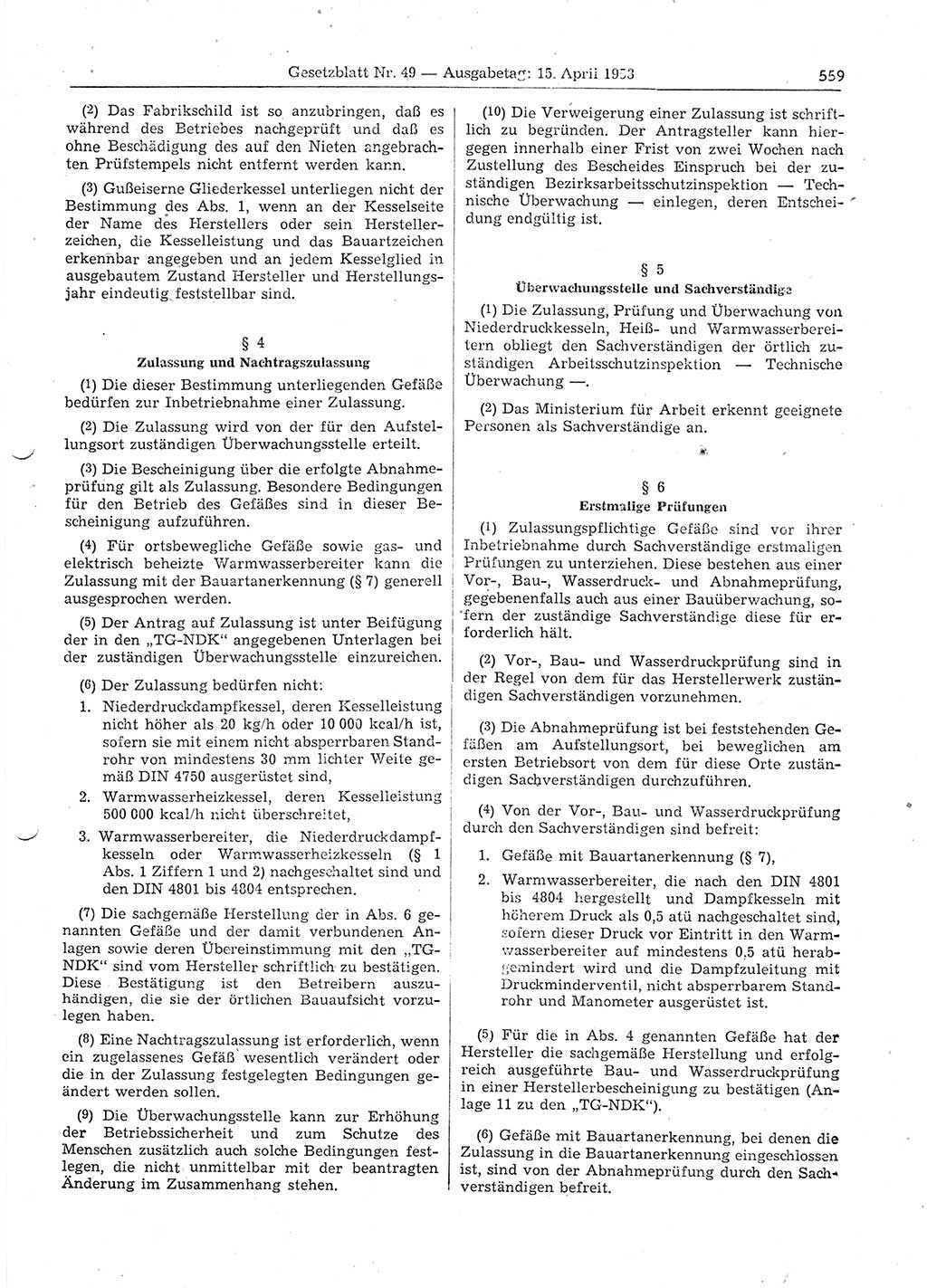 Gesetzblatt (GBl.) der Deutschen Demokratischen Republik (DDR) 1953, Seite 559 (GBl. DDR 1953, S. 559)