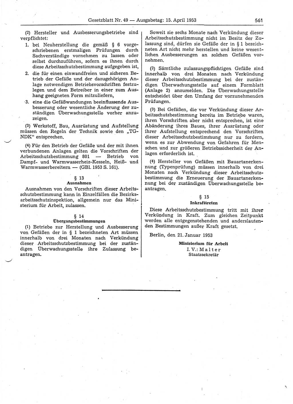Gesetzblatt (GBl.) der Deutschen Demokratischen Republik (DDR) 1953, Seite 561 (GBl. DDR 1953, S. 561)