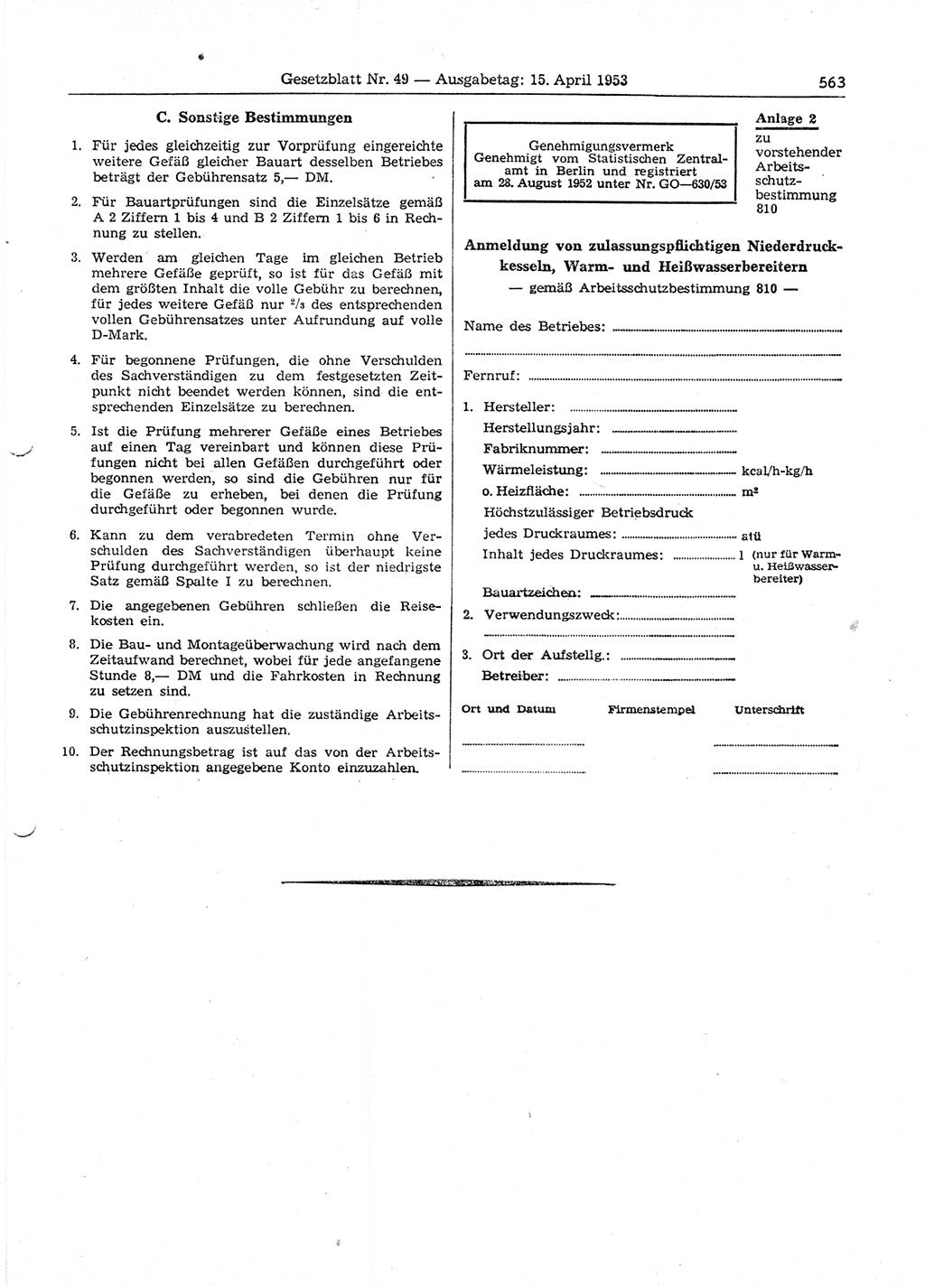 Gesetzblatt (GBl.) der Deutschen Demokratischen Republik (DDR) 1953, Seite 563 (GBl. DDR 1953, S. 563)
