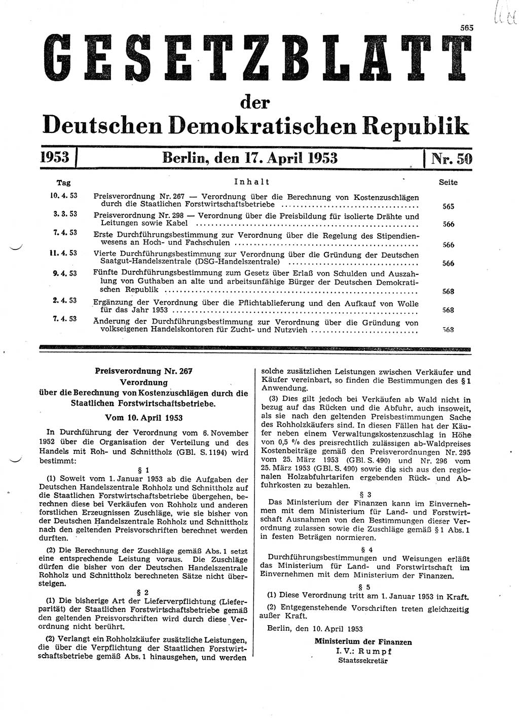 Gesetzblatt (GBl.) der Deutschen Demokratischen Republik (DDR) 1953, Seite 565 (GBl. DDR 1953, S. 565)