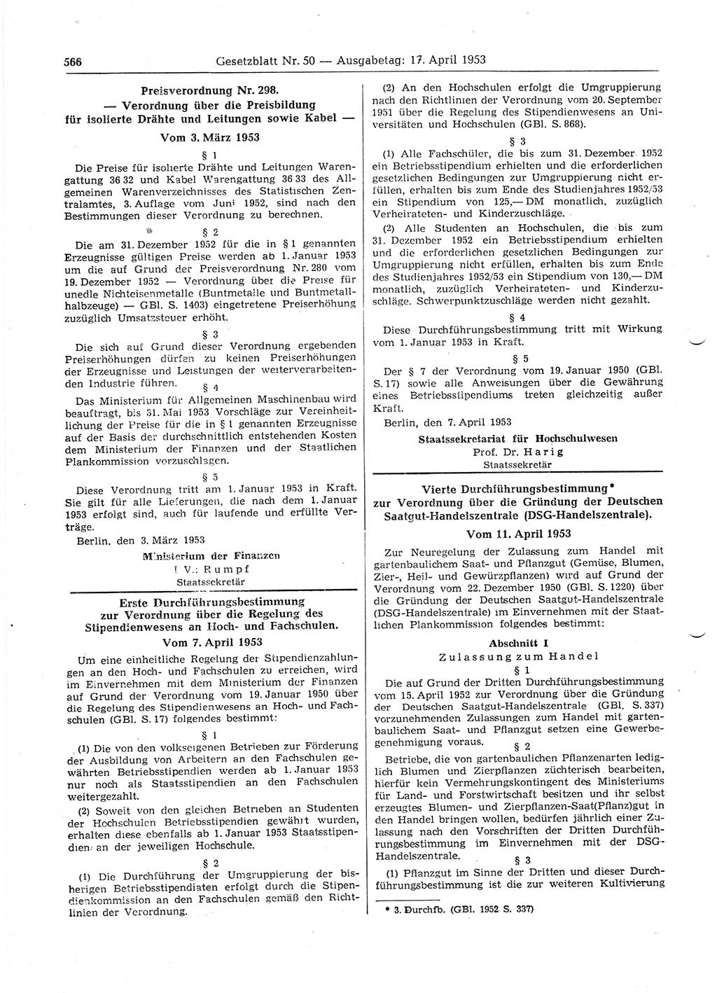 Gesetzblatt (GBl.) der Deutschen Demokratischen Republik (DDR) 1953, Seite 566 (GBl. DDR 1953, S. 566)