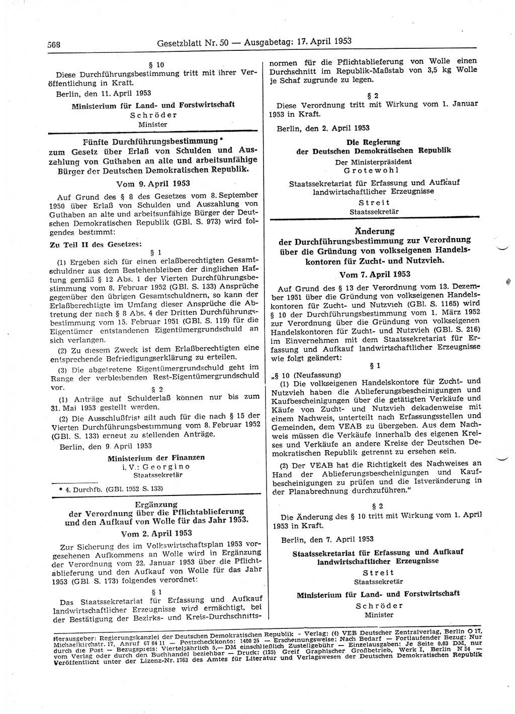 Gesetzblatt (GBl.) der Deutschen Demokratischen Republik (DDR) 1953, Seite 568 (GBl. DDR 1953, S. 568)