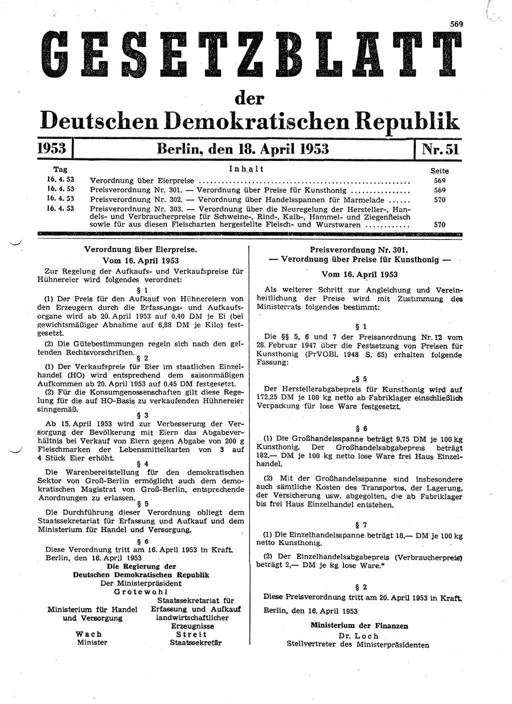 Gesetzblatt (GBl.) der Deutschen Demokratischen Republik (DDR) 1953, Seite 569 (GBl. DDR 1953, S. 569)