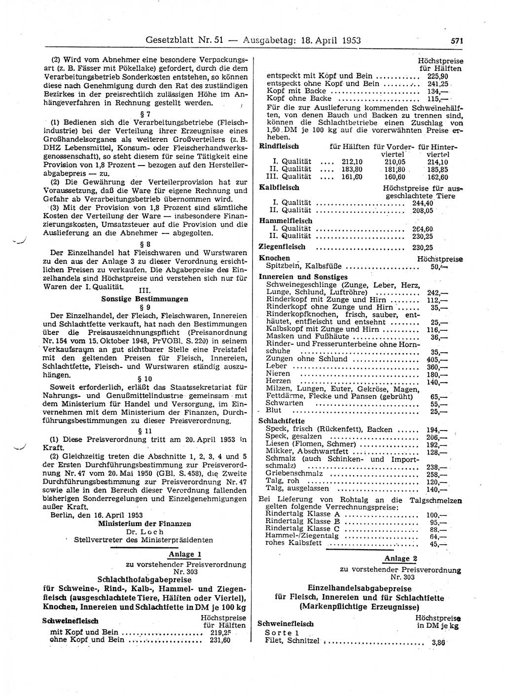 Gesetzblatt (GBl.) der Deutschen Demokratischen Republik (DDR) 1953, Seite 571 (GBl. DDR 1953, S. 571)