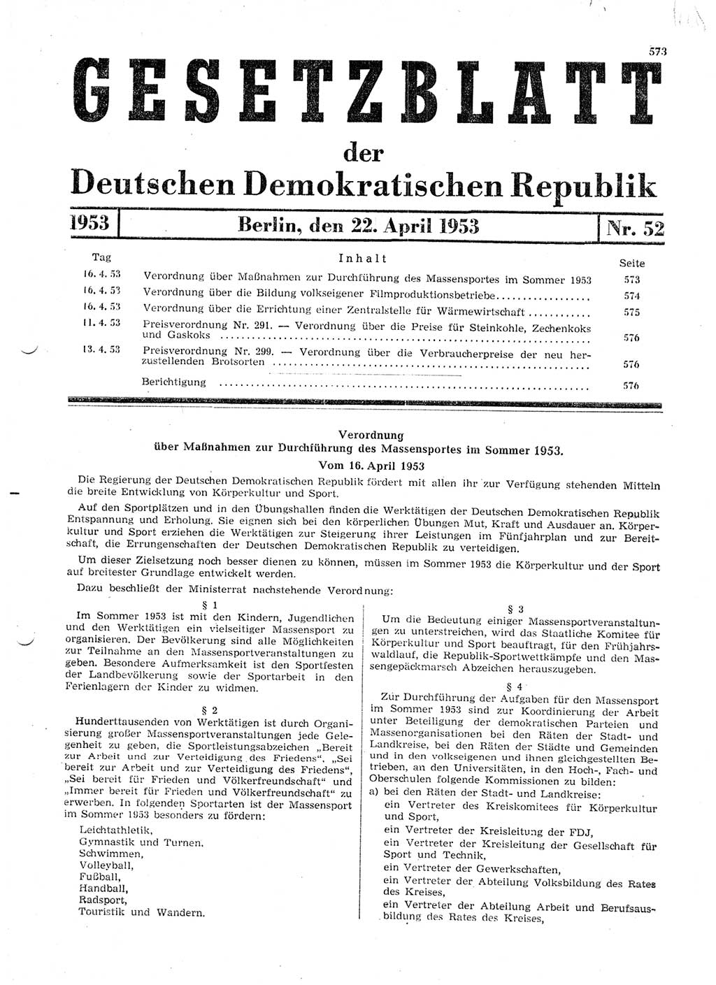 Gesetzblatt (GBl.) der Deutschen Demokratischen Republik (DDR) 1953, Seite 573 (GBl. DDR 1953, S. 573)