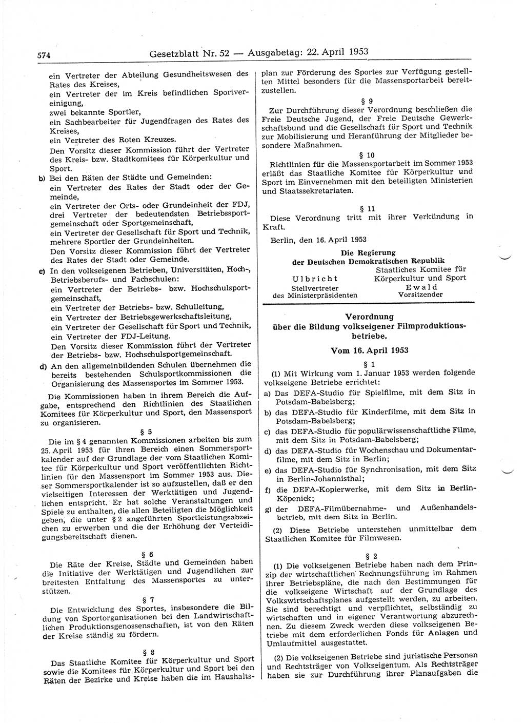 Gesetzblatt (GBl.) der Deutschen Demokratischen Republik (DDR) 1953, Seite 574 (GBl. DDR 1953, S. 574)