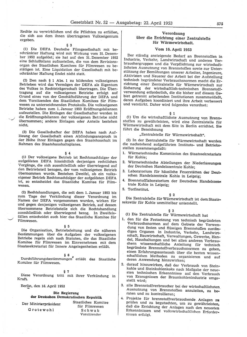 Gesetzblatt (GBl.) der Deutschen Demokratischen Republik (DDR) 1953, Seite 575 (GBl. DDR 1953, S. 575)