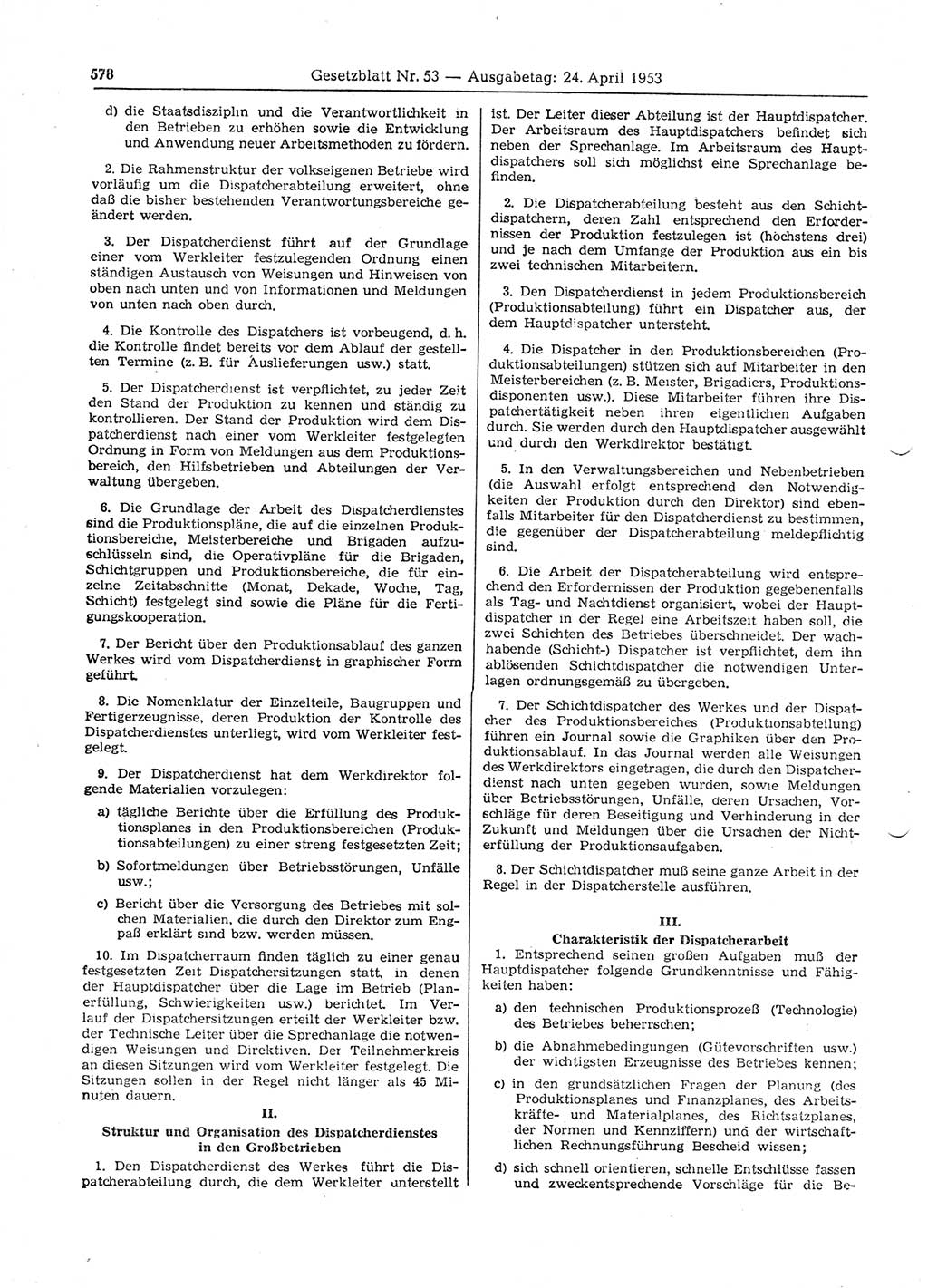 Gesetzblatt (GBl.) der Deutschen Demokratischen Republik (DDR) 1953, Seite 578 (GBl. DDR 1953, S. 578)