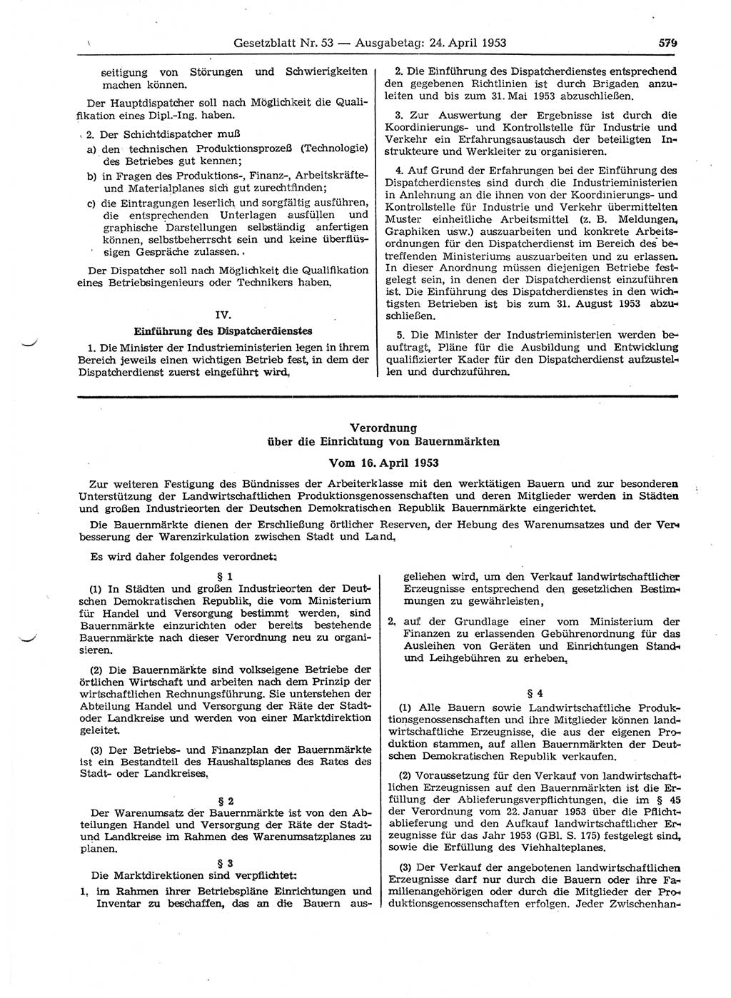 Gesetzblatt (GBl.) der Deutschen Demokratischen Republik (DDR) 1953, Seite 579 (GBl. DDR 1953, S. 579)