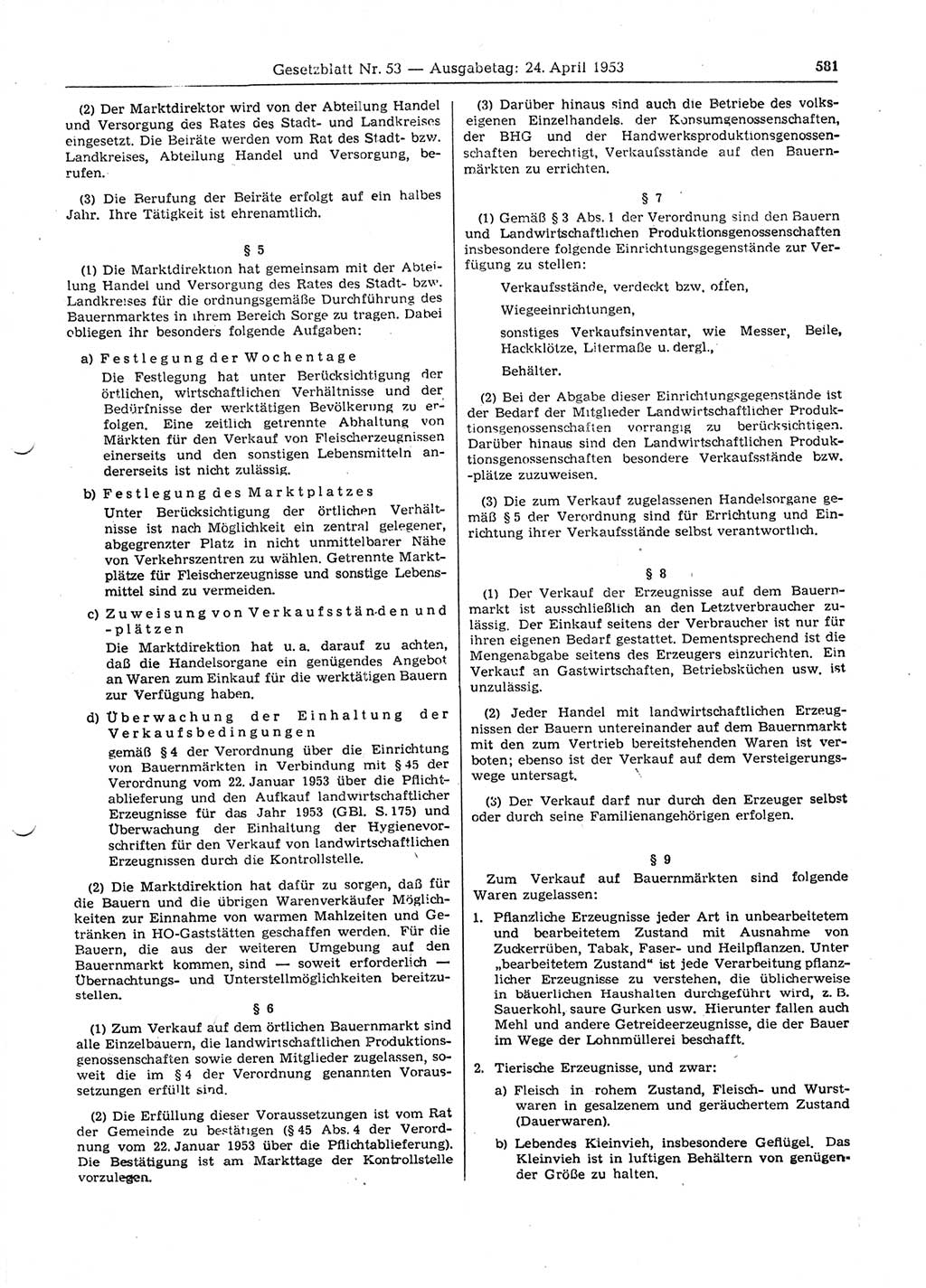 Gesetzblatt (GBl.) der Deutschen Demokratischen Republik (DDR) 1953, Seite 581 (GBl. DDR 1953, S. 581)