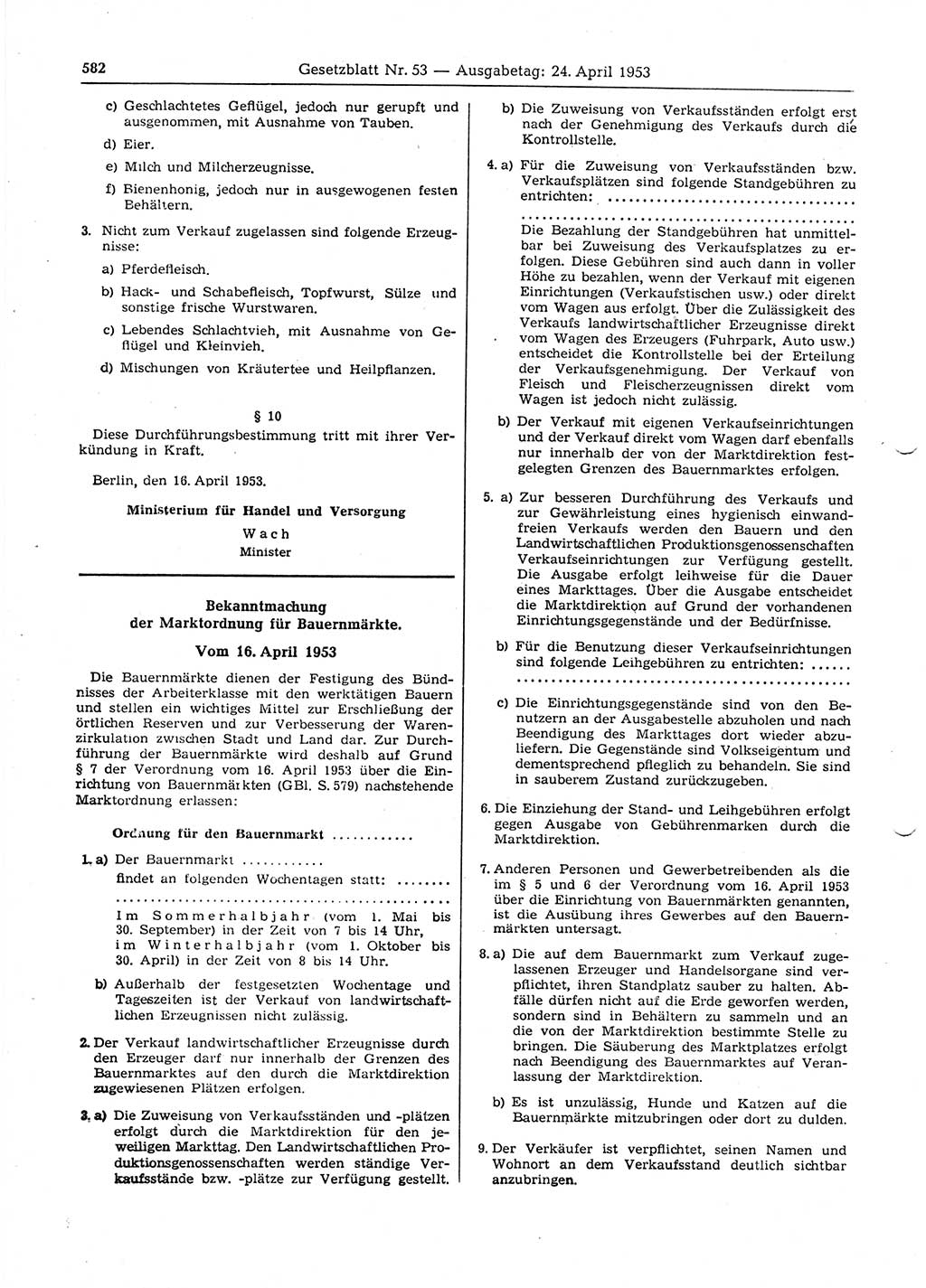 Gesetzblatt (GBl.) der Deutschen Demokratischen Republik (DDR) 1953, Seite 582 (GBl. DDR 1953, S. 582)